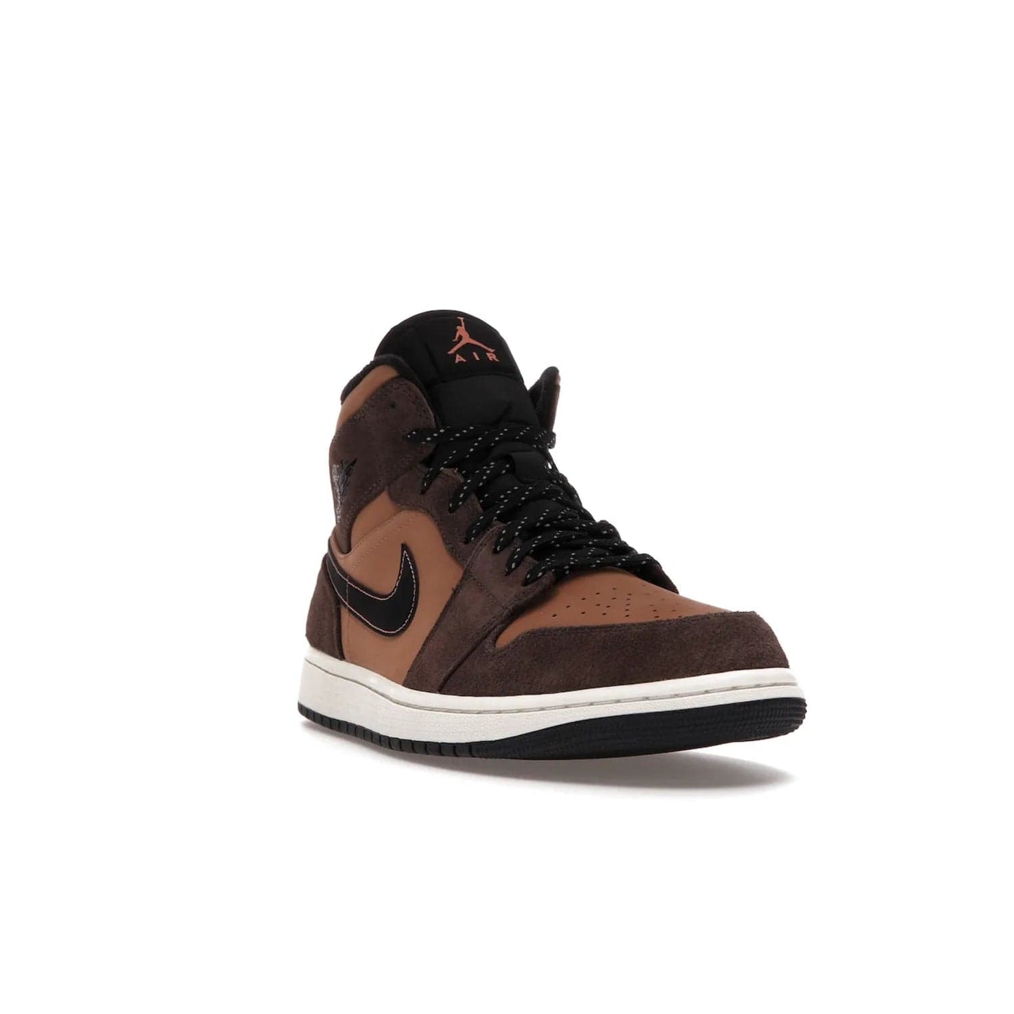 Jordan 1 Mid SE Dark Chocolate - Image 7 - Only at www.BallersClubKickz.com - This fashionable and functional Jordan 1 Mid SE Dark Chocolate features a light brown Durabuck upper, dark brown suede overlays, black Swoosh logos and reflective patch at heel. A must-have for any sneakerhead!