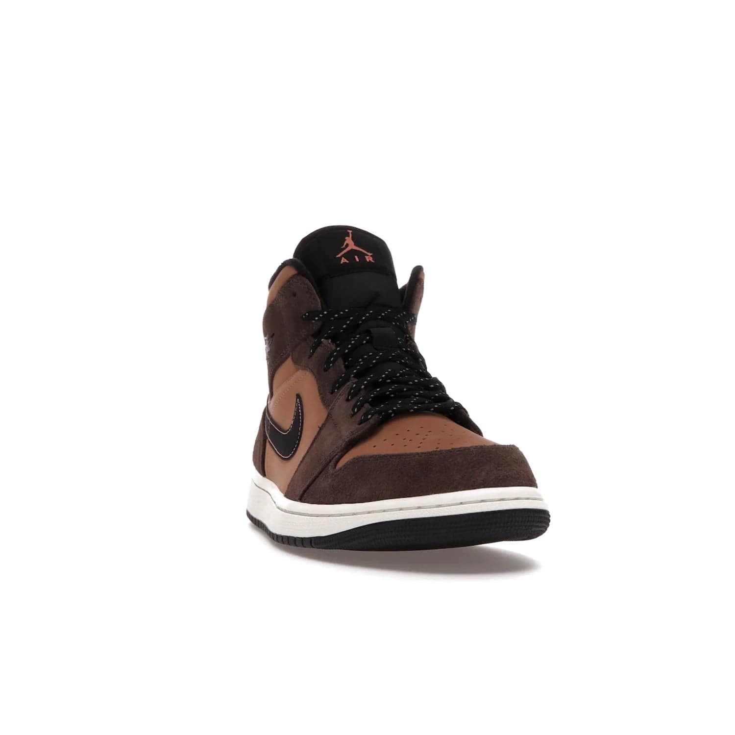 Jordan 1 Mid SE Dark Chocolate - Image 8 - Only at www.BallersClubKickz.com - This fashionable and functional Jordan 1 Mid SE Dark Chocolate features a light brown Durabuck upper, dark brown suede overlays, black Swoosh logos and reflective patch at heel. A must-have for any sneakerhead!