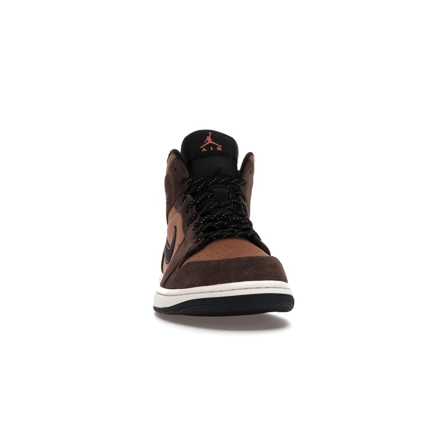 Jordan 1 Mid SE Dark Chocolate - Image 9 - Only at www.BallersClubKickz.com - This fashionable and functional Jordan 1 Mid SE Dark Chocolate features a light brown Durabuck upper, dark brown suede overlays, black Swoosh logos and reflective patch at heel. A must-have for any sneakerhead!