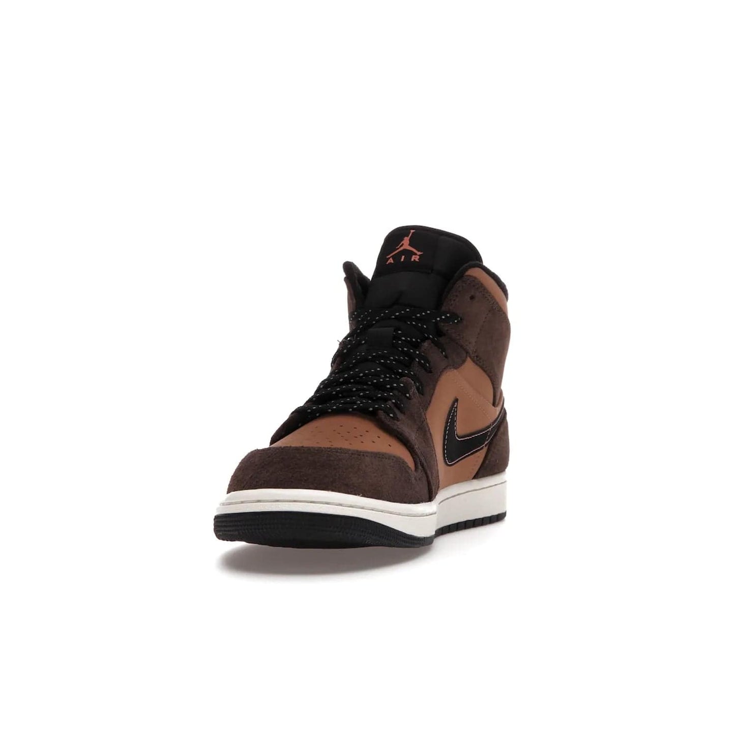 Jordan 1 Mid SE Dark Chocolate - Image 12 - Only at www.BallersClubKickz.com - This fashionable and functional Jordan 1 Mid SE Dark Chocolate features a light brown Durabuck upper, dark brown suede overlays, black Swoosh logos and reflective patch at heel. A must-have for any sneakerhead!