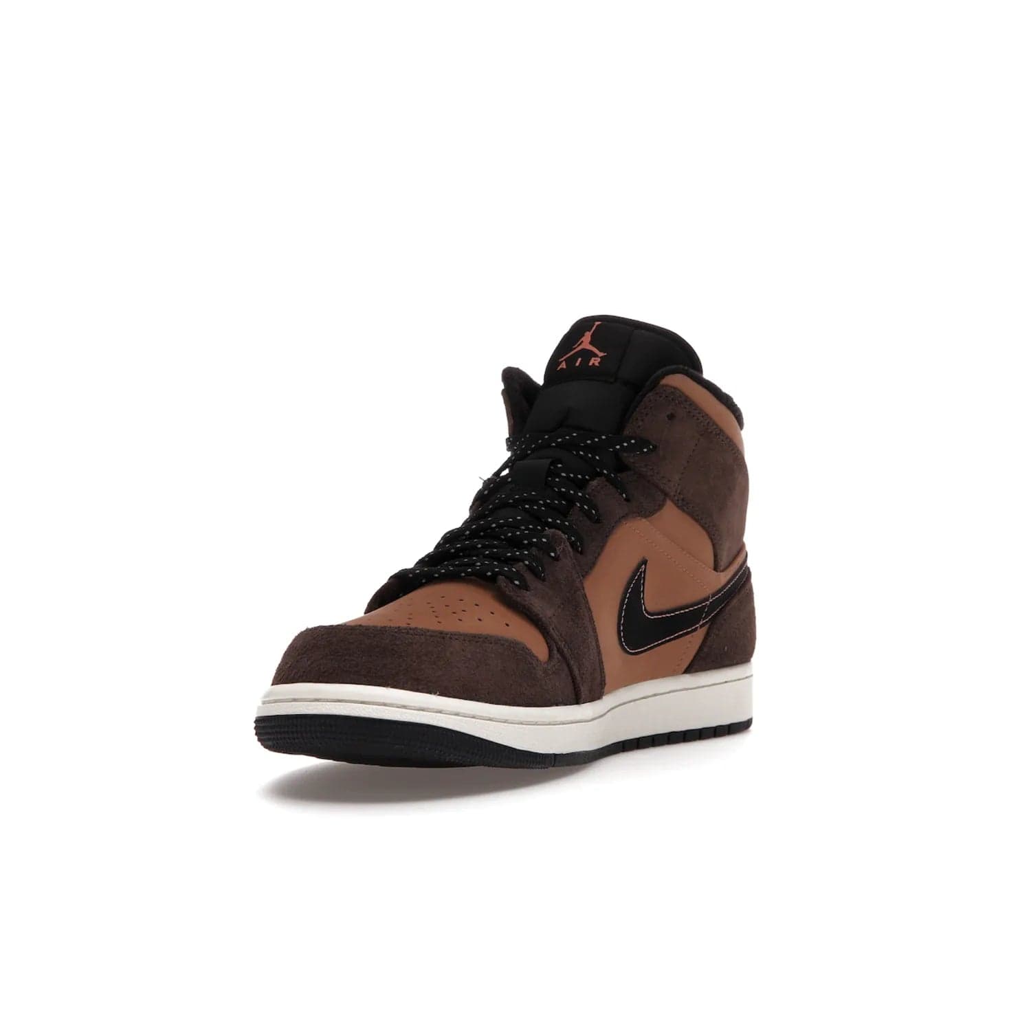 Jordan 1 Mid SE Dark Chocolate - Image 13 - Only at www.BallersClubKickz.com - This fashionable and functional Jordan 1 Mid SE Dark Chocolate features a light brown Durabuck upper, dark brown suede overlays, black Swoosh logos and reflective patch at heel. A must-have for any sneakerhead!