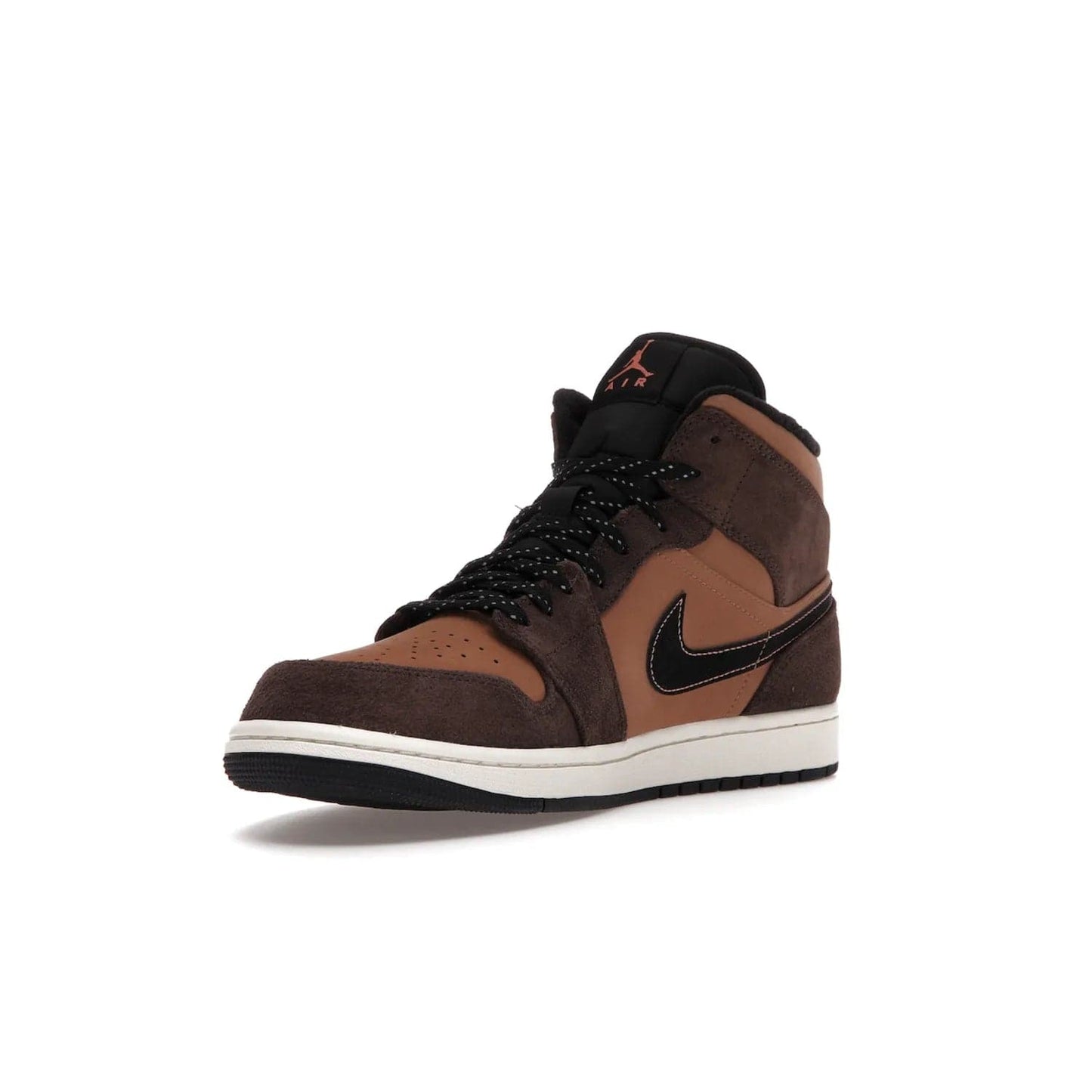 Jordan 1 Mid SE Dark Chocolate - Image 14 - Only at www.BallersClubKickz.com - This fashionable and functional Jordan 1 Mid SE Dark Chocolate features a light brown Durabuck upper, dark brown suede overlays, black Swoosh logos and reflective patch at heel. A must-have for any sneakerhead!