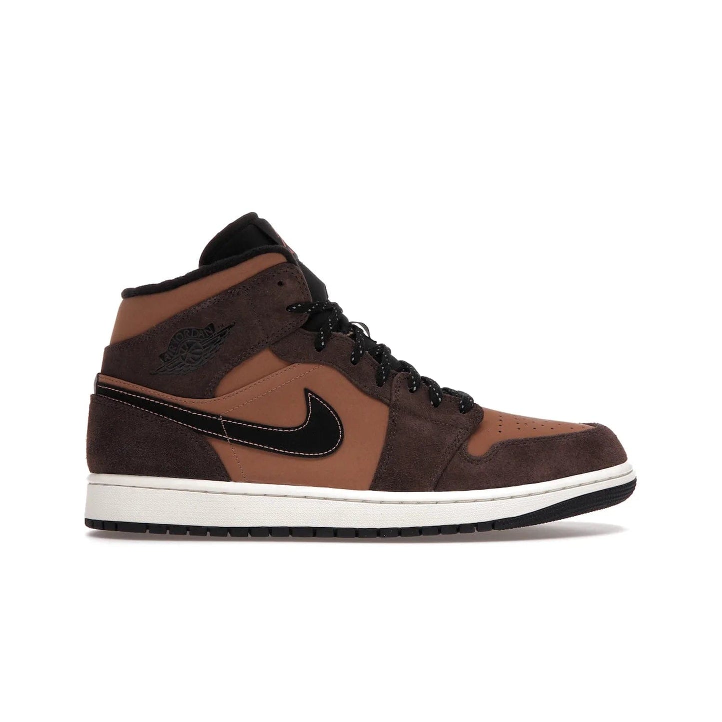 Jordan 1 Mid SE Dark Chocolate - Image 1 - Only at www.BallersClubKickz.com - This fashionable and functional Jordan 1 Mid SE Dark Chocolate features a light brown Durabuck upper, dark brown suede overlays, black Swoosh logos and reflective patch at heel. A must-have for any sneakerhead!