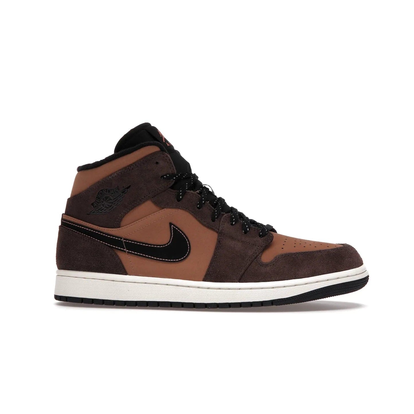 Jordan 1 Mid SE Dark Chocolate - Image 2 - Only at www.BallersClubKickz.com - This fashionable and functional Jordan 1 Mid SE Dark Chocolate features a light brown Durabuck upper, dark brown suede overlays, black Swoosh logos and reflective patch at heel. A must-have for any sneakerhead!