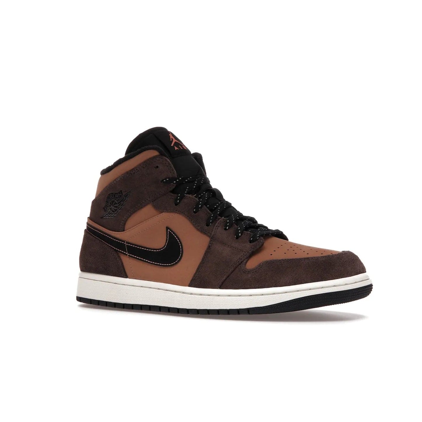 Jordan 1 Mid SE Dark Chocolate - Image 4 - Only at www.BallersClubKickz.com - This fashionable and functional Jordan 1 Mid SE Dark Chocolate features a light brown Durabuck upper, dark brown suede overlays, black Swoosh logos and reflective patch at heel. A must-have for any sneakerhead!