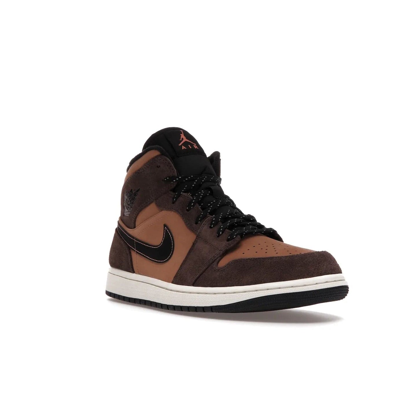 Jordan 1 Mid SE Dark Chocolate - Image 6 - Only at www.BallersClubKickz.com - This fashionable and functional Jordan 1 Mid SE Dark Chocolate features a light brown Durabuck upper, dark brown suede overlays, black Swoosh logos and reflective patch at heel. A must-have for any sneakerhead!