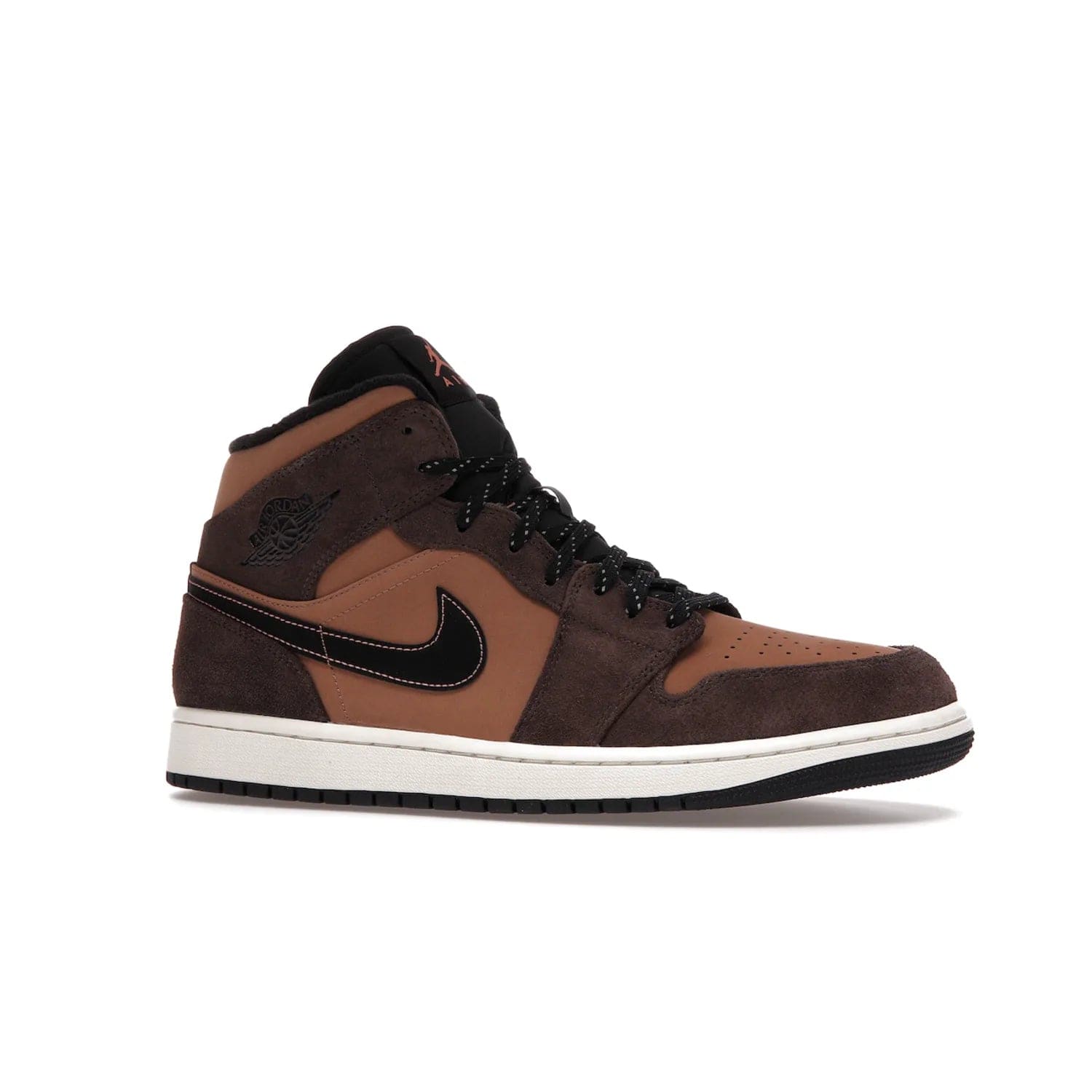 Jordan 1 Mid SE Dark Chocolate - Image 3 - Only at www.BallersClubKickz.com - This fashionable and functional Jordan 1 Mid SE Dark Chocolate features a light brown Durabuck upper, dark brown suede overlays, black Swoosh logos and reflective patch at heel. A must-have for any sneakerhead!