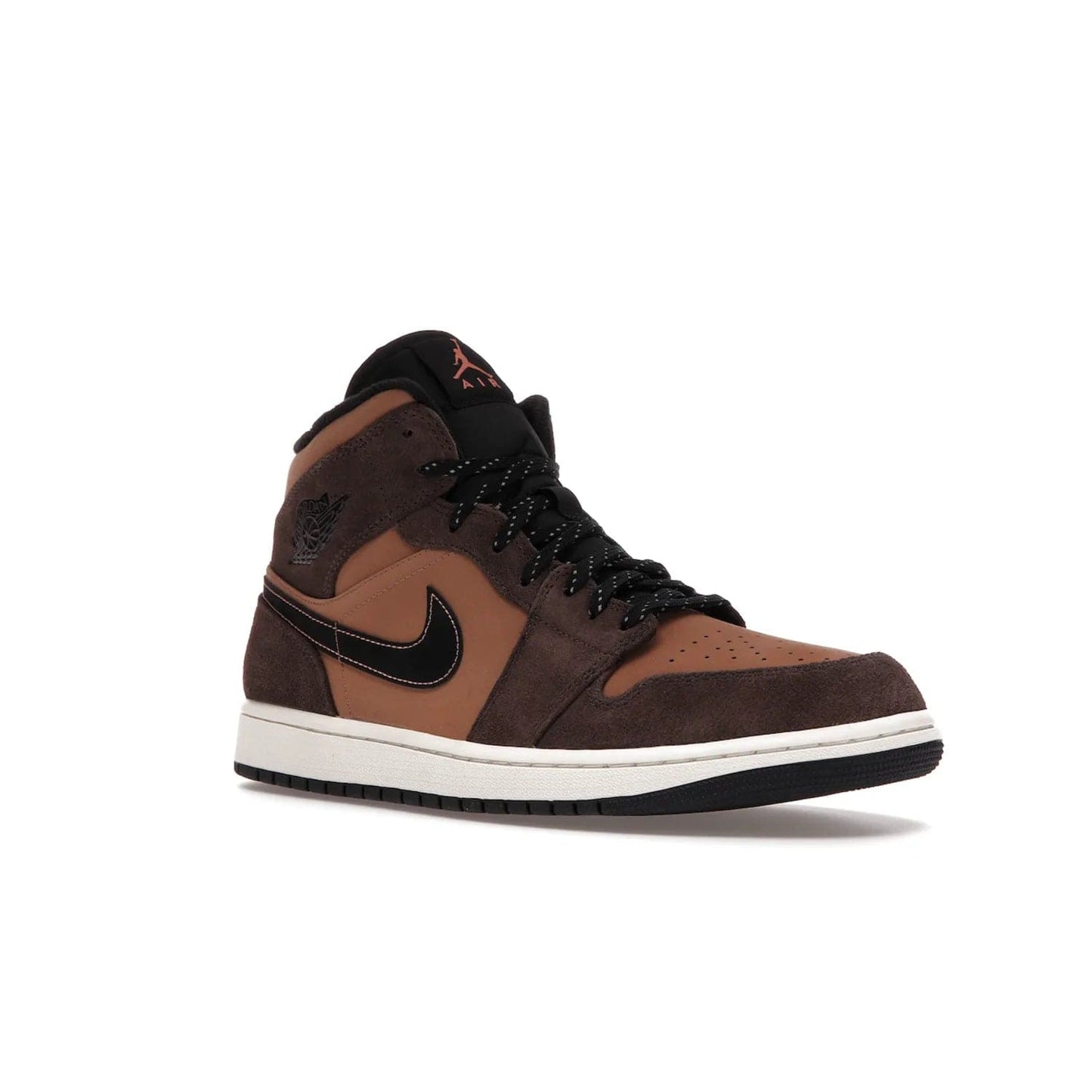 Jordan 1 Mid SE Dark Chocolate - Image 5 - Only at www.BallersClubKickz.com - This fashionable and functional Jordan 1 Mid SE Dark Chocolate features a light brown Durabuck upper, dark brown suede overlays, black Swoosh logos and reflective patch at heel. A must-have for any sneakerhead!