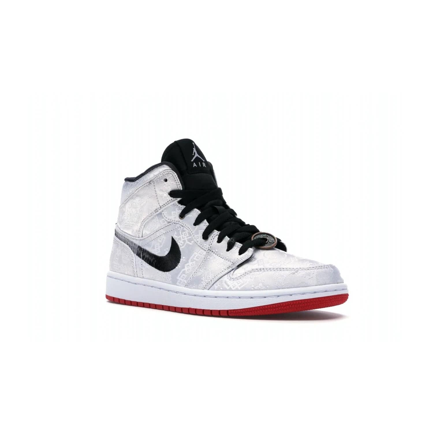 Jordan 1 Mid SE Fearless Edison Chen CLOT - Image 5 - Only at www.BallersClubKickz.com - Iconic mid-top sneakers with intricate Chinese-inspired detailing. From the Fearless pack designed by Edison Chen, the Jordan 1 Mid SE is a powerful representation of fashion and culture. White woven nylon upper with a fadeaway Swoosh and black detailing. Released in December 2019, a true classic.
