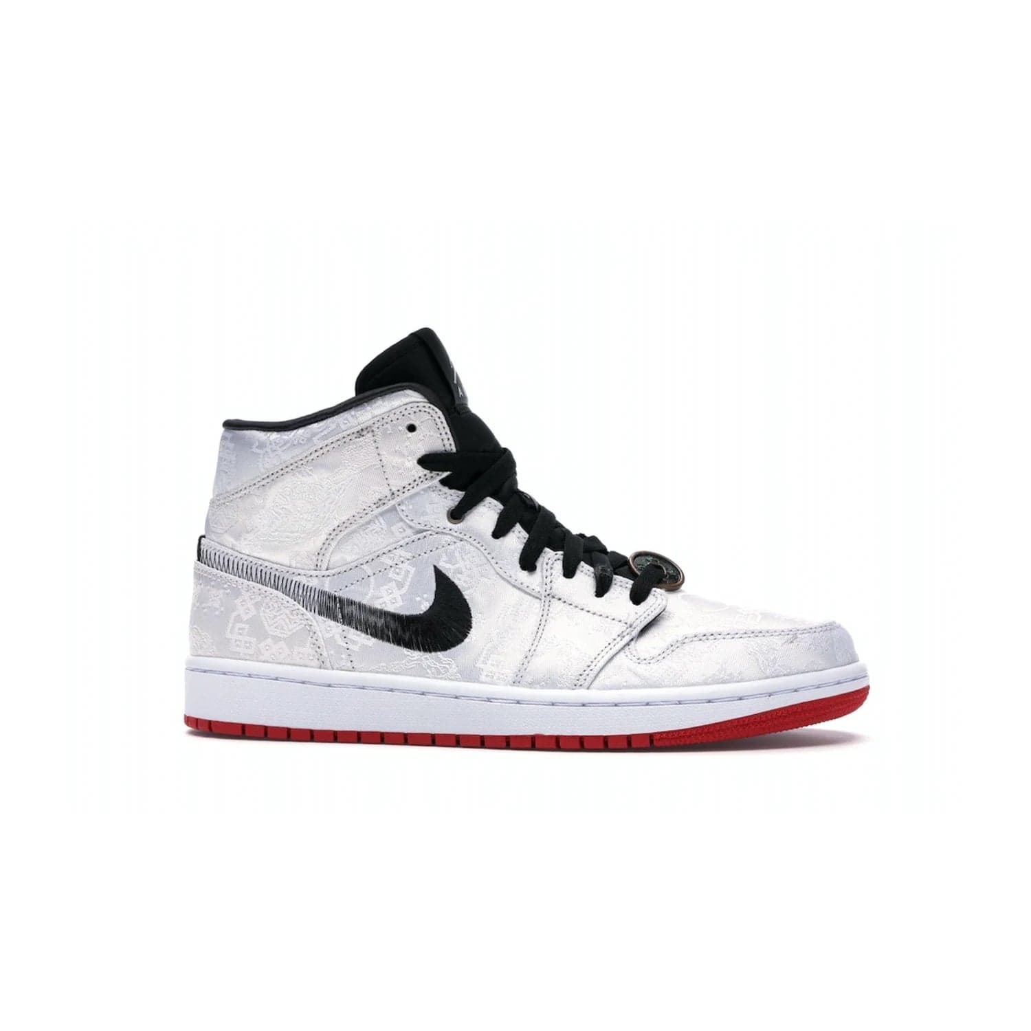 Jordan 1 Mid SE Fearless Edison Chen CLOT - Image 2 - Only at www.BallersClubKickz.com - Iconic mid-top sneakers with intricate Chinese-inspired detailing. From the Fearless pack designed by Edison Chen, the Jordan 1 Mid SE is a powerful representation of fashion and culture. White woven nylon upper with a fadeaway Swoosh and black detailing. Released in December 2019, a true classic.