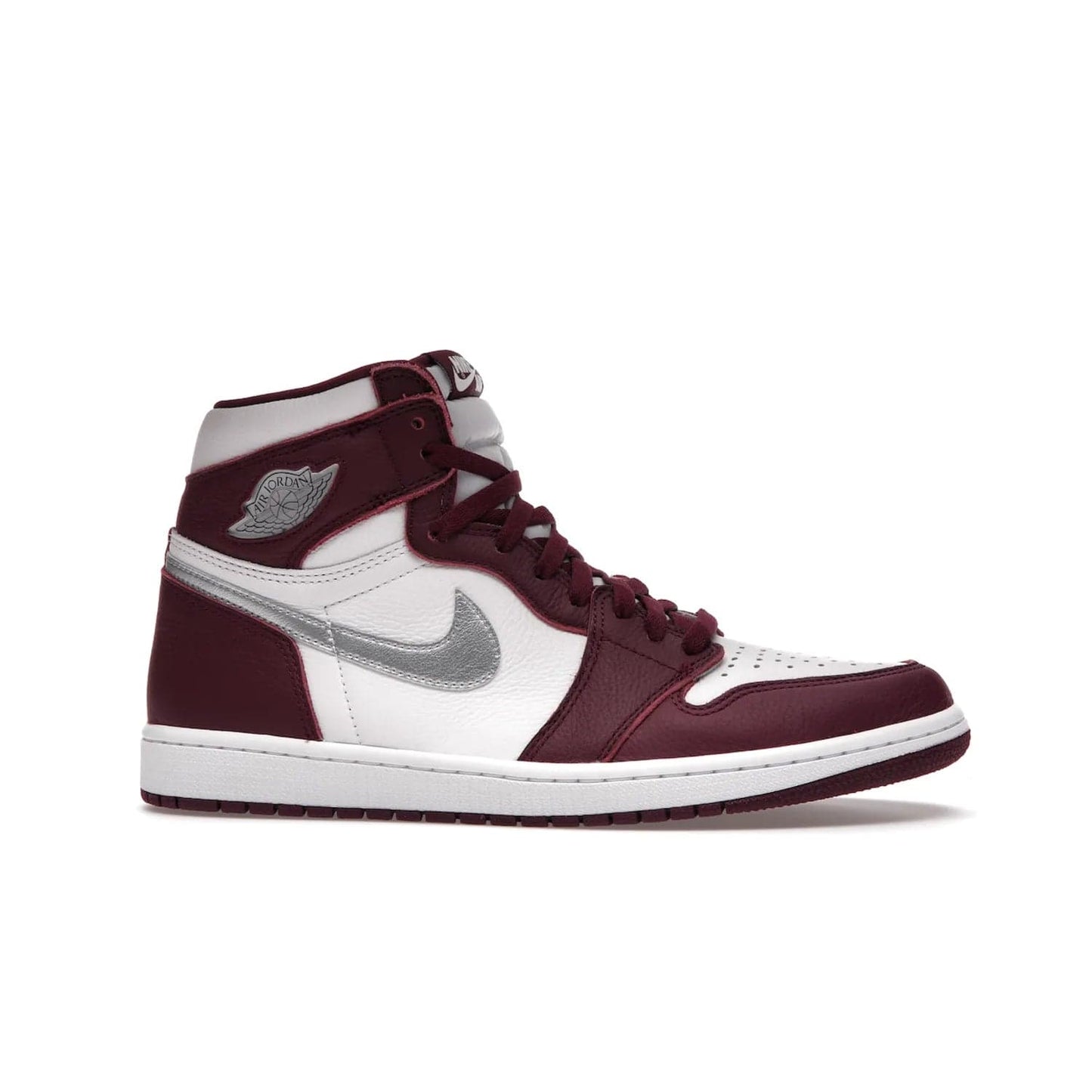 Jordan 1 Retro High OG Bordeaux - Image 2 - Only at www.BallersClubKickz.com - Shop the classic Air Jordan 1 High Bordeaux with a modern high-top cut. The timeless Bordeaux and White-Metallic Silver colorway, releasing Nov 20, 2021, is perfect for practice or a night out.