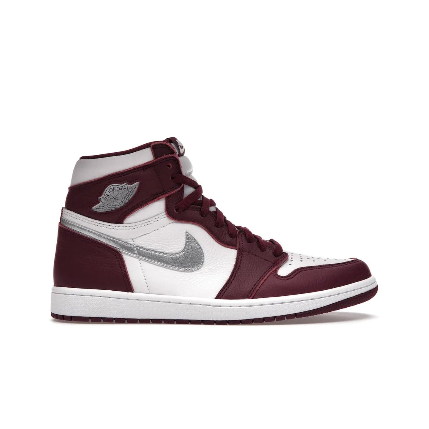 Jordan 1 Retro High OG Bordeaux - Image 1 - Only at www.BallersClubKickz.com - Shop the classic Air Jordan 1 High Bordeaux with a modern high-top cut. The timeless Bordeaux and White-Metallic Silver colorway, releasing Nov 20, 2021, is perfect for practice or a night out.
