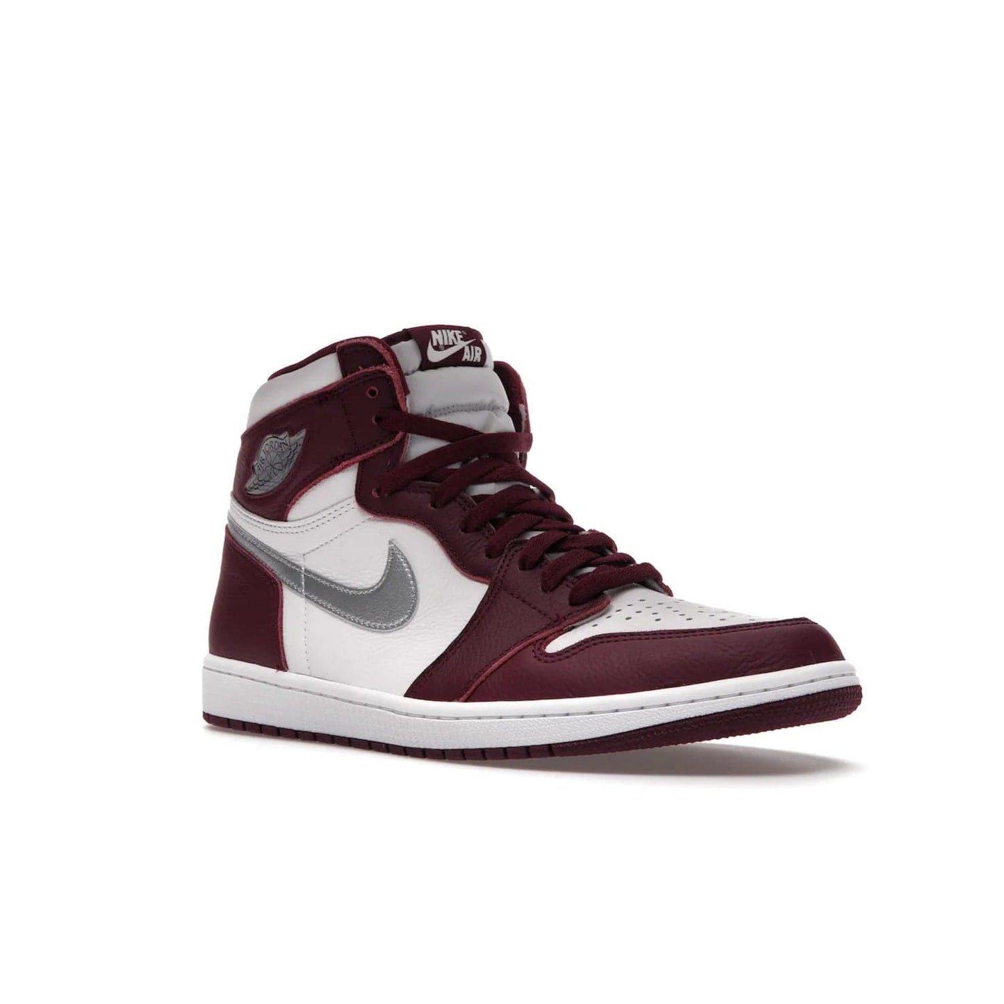 Jordan 1 Retro High OG Bordeaux - Image 5 - Only at www.BallersClubKickz.com - Shop the classic Air Jordan 1 High Bordeaux with a modern high-top cut. The timeless Bordeaux and White-Metallic Silver colorway, releasing Nov 20, 2021, is perfect for practice or a night out.