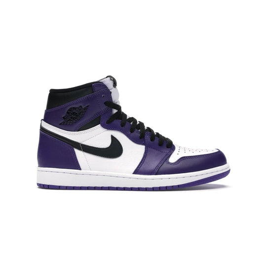 Jordan 1 Retro High Court Purple White - Image 1 - Only at www.BallersClubKickz.com - Grab the classic Jordan 1 Retro High Court Purple White and add major flavor to your collection. White leather upper with Court Purple overlays and Swoosh logo. White midsole and purple outsole. Get yours and rep your Jordan Brand.