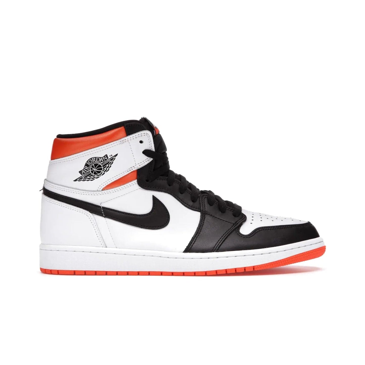 Jordan 1 Retro High Electro Orange - Image 1 - Only at www.BallersClubKickz.com - This Air Jordan 1 Retro High Electro Orange features a white leather upper with black overlays and vibrant Hyper Orange ankle wrap. Turn heads with this iconic design of woven tongue label and sole. Get yours today and add some serious style to your rotation.