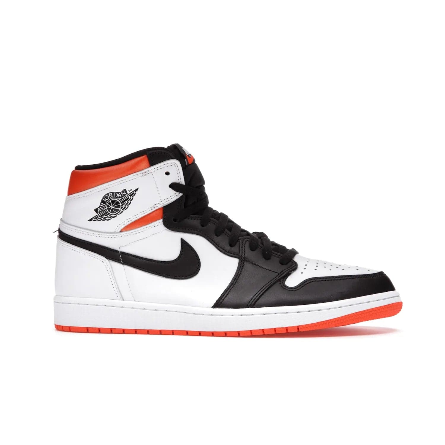 Jordan 1 Retro High Electro Orange - Image 2 - Only at www.BallersClubKickz.com - This Air Jordan 1 Retro High Electro Orange features a white leather upper with black overlays and vibrant Hyper Orange ankle wrap. Turn heads with this iconic design of woven tongue label and sole. Get yours today and add some serious style to your rotation.