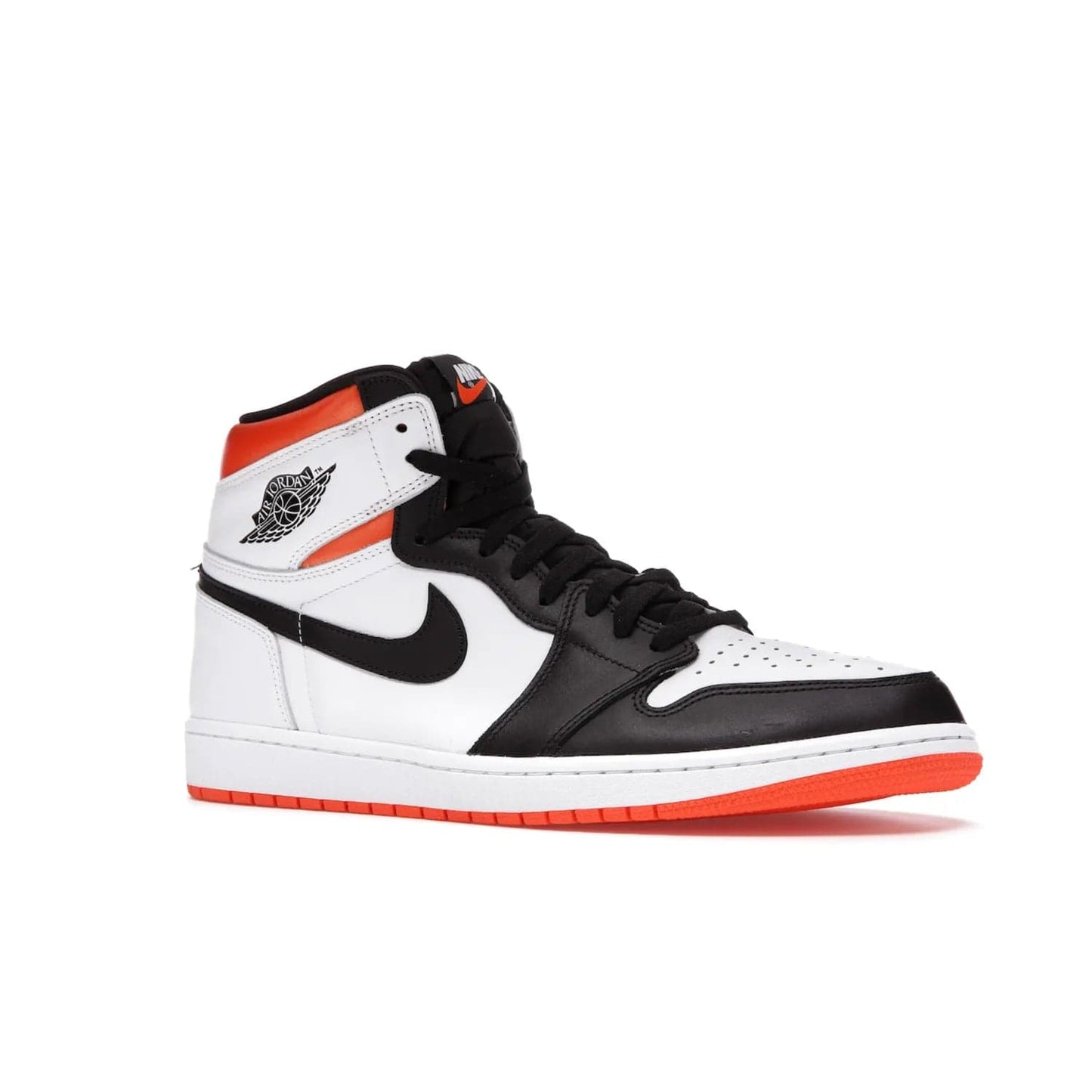 Jordan 1 Retro High Electro Orange - Image 4 - Only at www.BallersClubKickz.com - This Air Jordan 1 Retro High Electro Orange features a white leather upper with black overlays and vibrant Hyper Orange ankle wrap. Turn heads with this iconic design of woven tongue label and sole. Get yours today and add some serious style to your rotation.