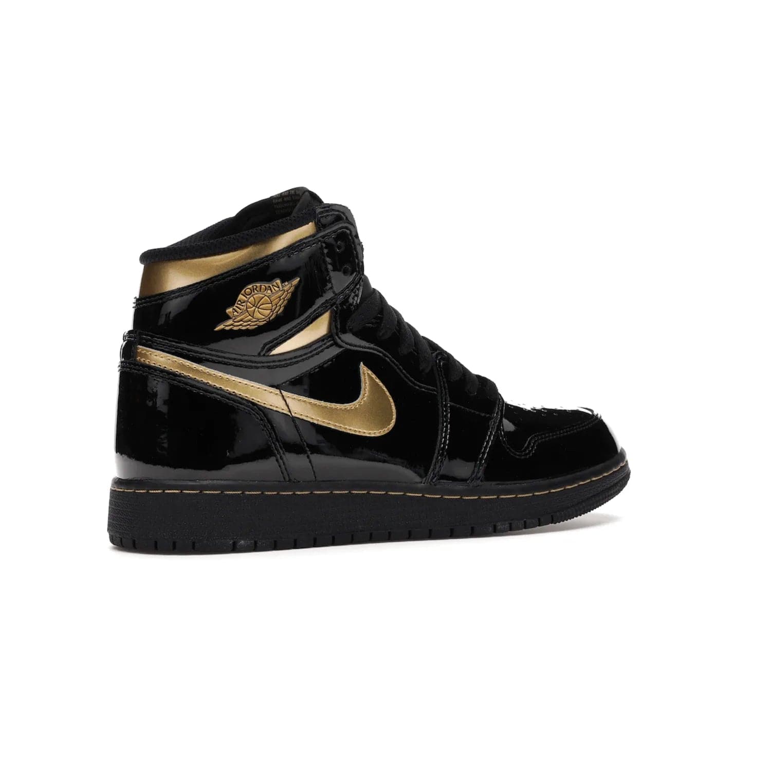 Jordan 1 Retro High Black Metallic Gold (2020) (GS) - Image 34 - Only at www.BallersClubKickz.com - Shop the Kids Air Jordan 1 Retro High in Black Metallic Gold for a stylish and comfortable sneaker kids can love. Featuring black and metallic gold patent leather uppers, metallic gold accents, and an Air sole unit for extra cushioning.