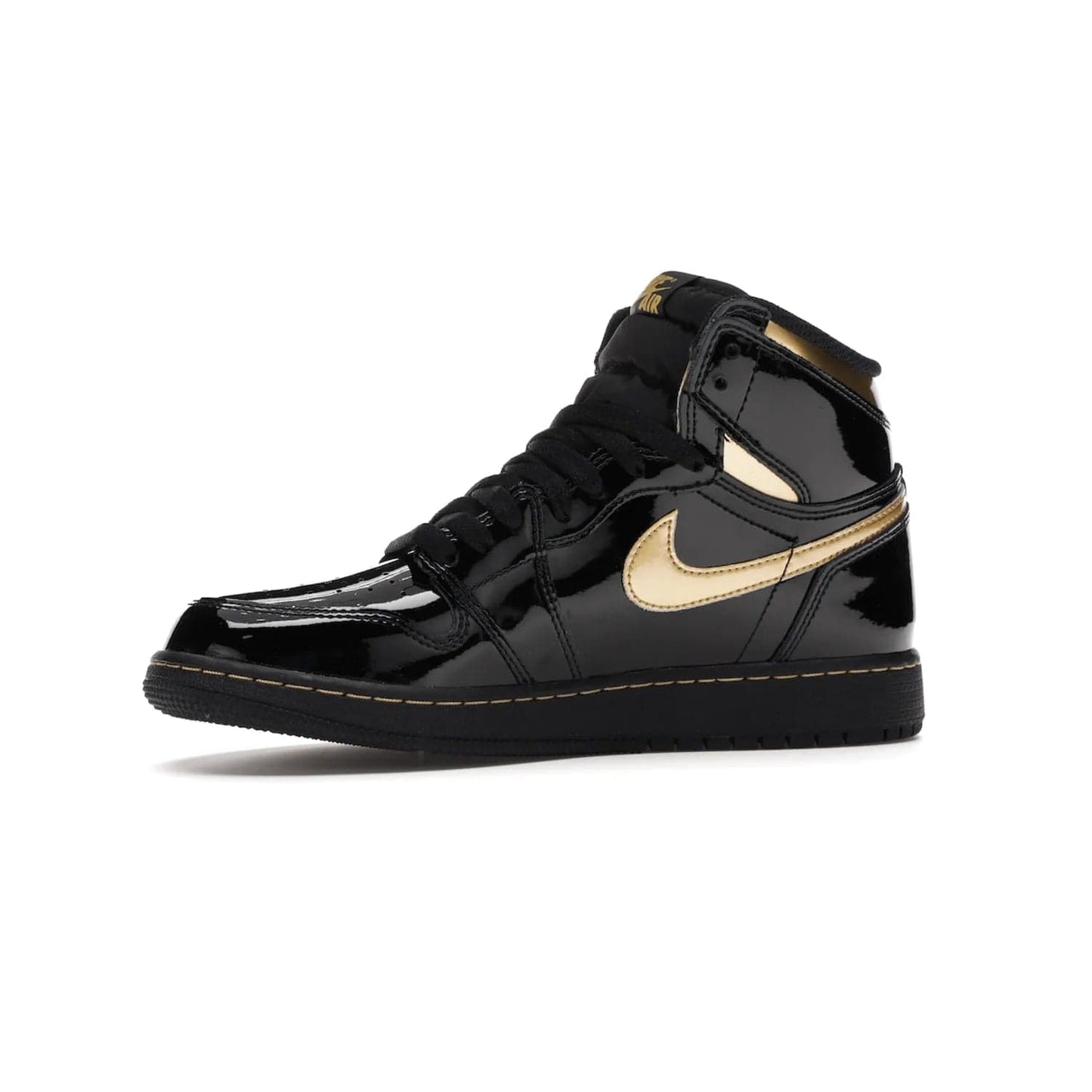 Jordan 1 Retro High Black Metallic Gold (2020) (GS) - Image 17 - Only at www.BallersClubKickz.com - Shop the Kids Air Jordan 1 Retro High in Black Metallic Gold for a stylish and comfortable sneaker kids can love. Featuring black and metallic gold patent leather uppers, metallic gold accents, and an Air sole unit for extra cushioning.