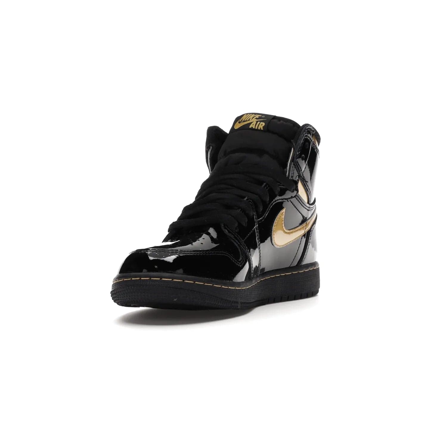 Jordan 1 Retro High Black Metallic Gold (2020) (GS) - Image 13 - Only at www.BallersClubKickz.com - Shop the Kids Air Jordan 1 Retro High in Black Metallic Gold for a stylish and comfortable sneaker kids can love. Featuring black and metallic gold patent leather uppers, metallic gold accents, and an Air sole unit for extra cushioning.