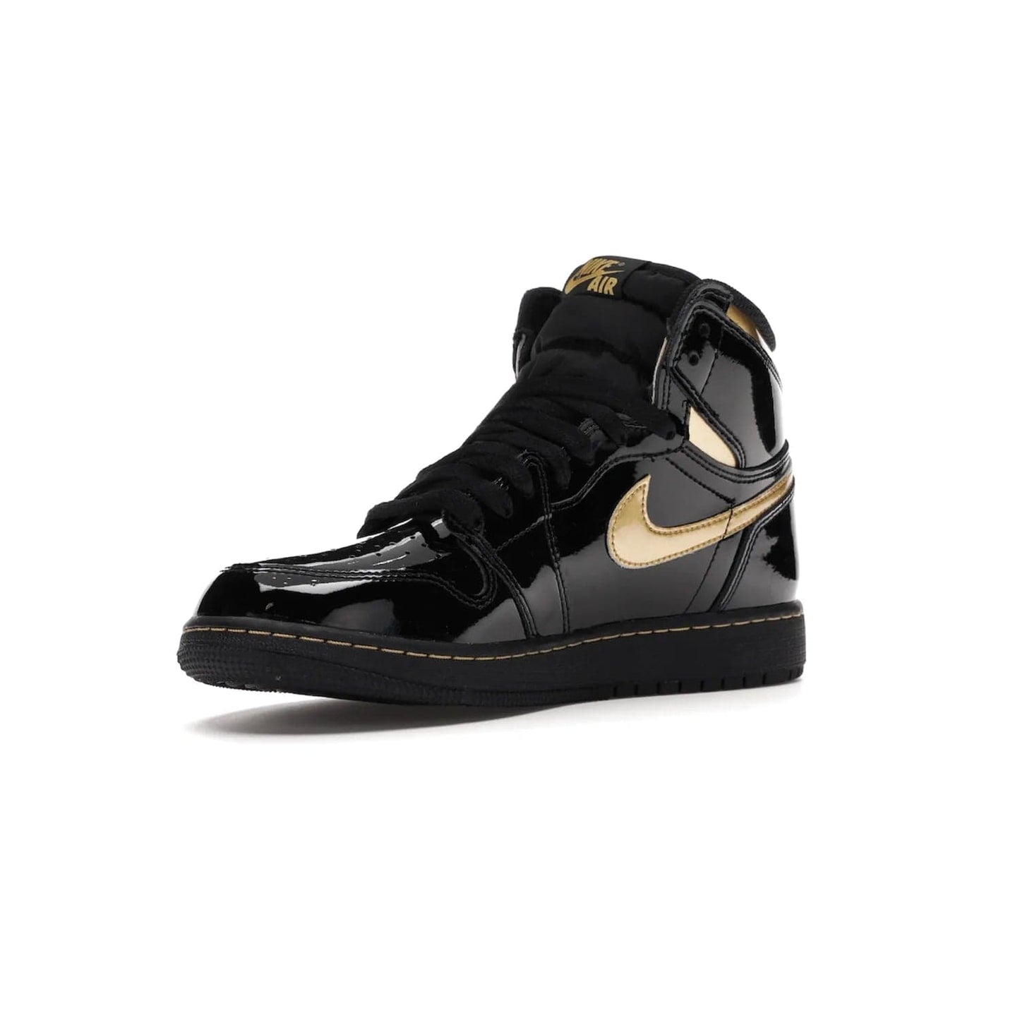 Jordan 1 Retro High Black Metallic Gold (2020) (GS) - Image 15 - Only at www.BallersClubKickz.com - Shop the Kids Air Jordan 1 Retro High in Black Metallic Gold for a stylish and comfortable sneaker kids can love. Featuring black and metallic gold patent leather uppers, metallic gold accents, and an Air sole unit for extra cushioning.
