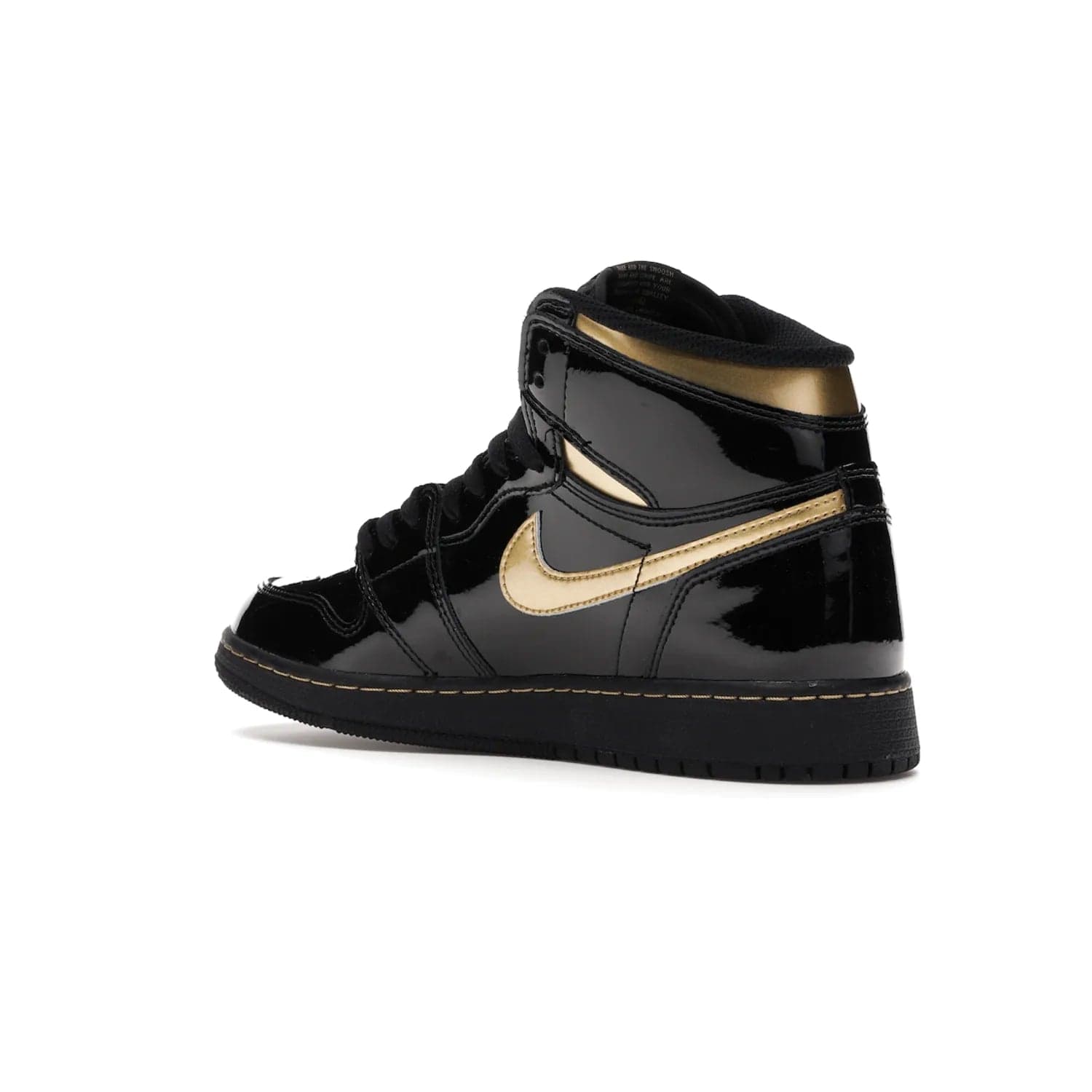 Jordan 1 Retro High Black Metallic Gold (2020) (GS) - Image 23 - Only at www.BallersClubKickz.com - Shop the Kids Air Jordan 1 Retro High in Black Metallic Gold for a stylish and comfortable sneaker kids can love. Featuring black and metallic gold patent leather uppers, metallic gold accents, and an Air sole unit for extra cushioning.