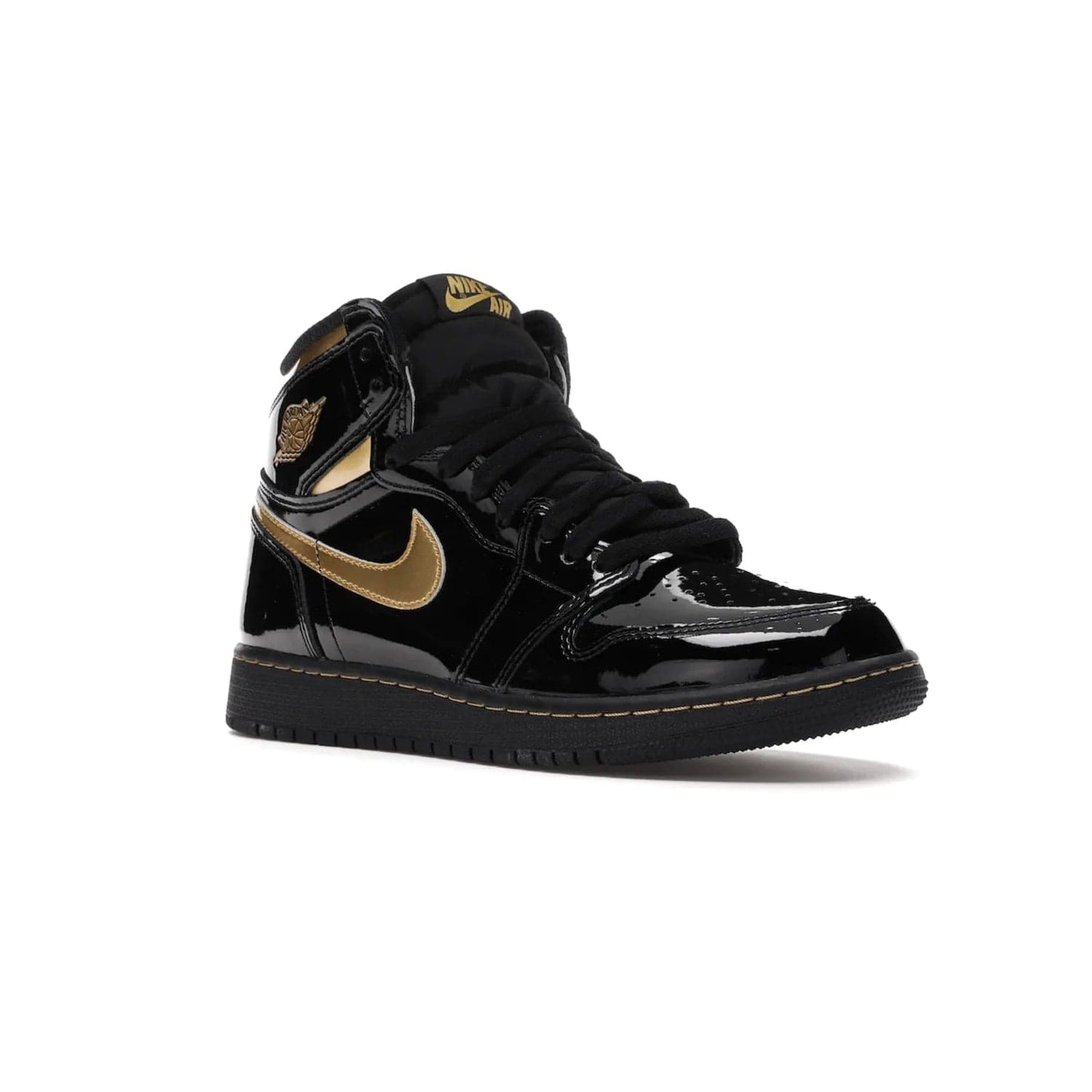 Jordan 1 Retro High Black Metallic Gold (2020) (GS) - Image 5 - Only at www.BallersClubKickz.com - Shop the Kids Air Jordan 1 Retro High in Black Metallic Gold for a stylish and comfortable sneaker kids can love. Featuring black and metallic gold patent leather uppers, metallic gold accents, and an Air sole unit for extra cushioning.