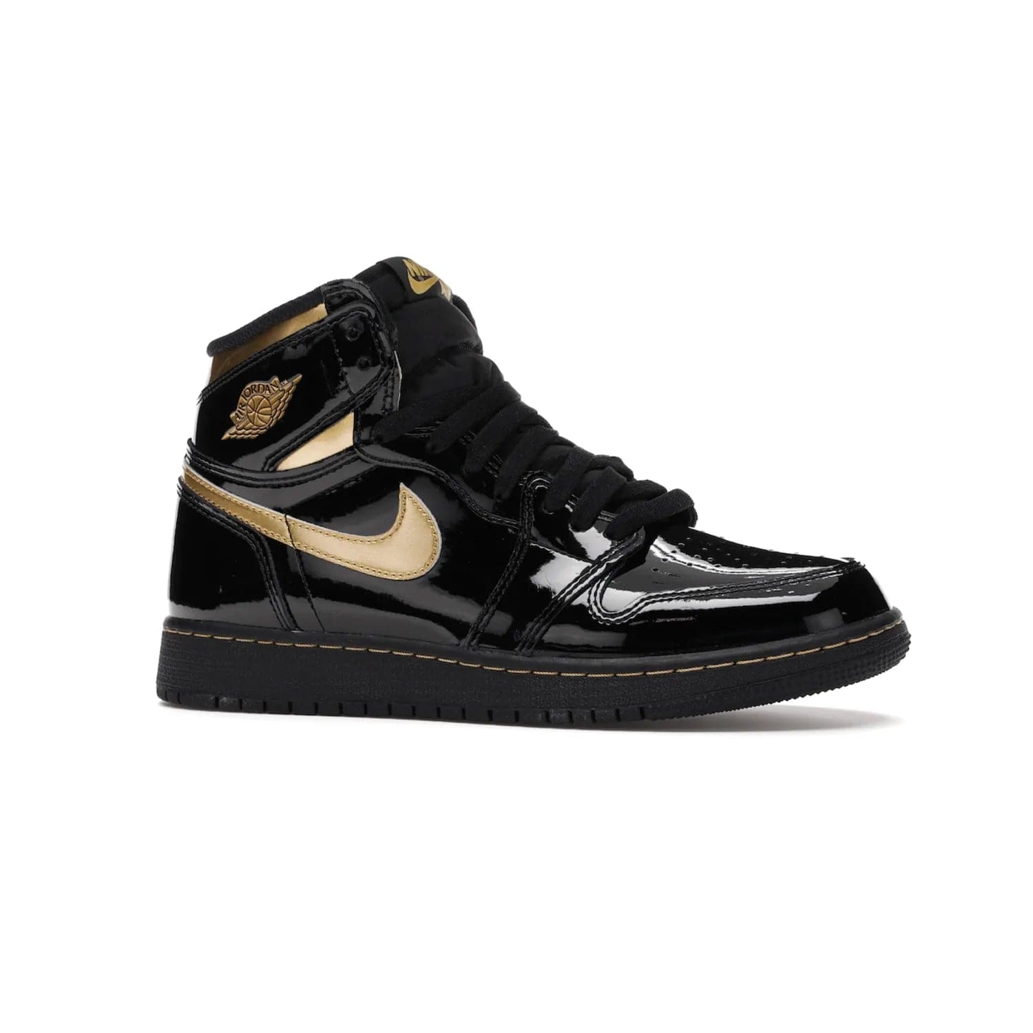 Jordan 1 Retro High Black Metallic Gold (2020) (GS) - Image 3 - Only at www.BallersClubKickz.com - Shop the Kids Air Jordan 1 Retro High in Black Metallic Gold for a stylish and comfortable sneaker kids can love. Featuring black and metallic gold patent leather uppers, metallic gold accents, and an Air sole unit for extra cushioning.