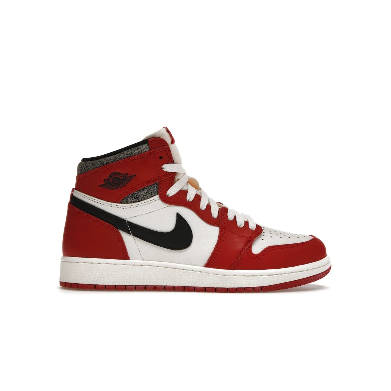Jordan 1 Retro High OG Chicago Lost and Found (GS) - Image 1 - Only at www.BallersClubKickz.com - Grab the Air Jordan 1 Retro High OG Chicago Reimagined GS, presenting in classic 1985 silhouette. Varsity Red, Black, Muslin and Sail hues, featuring Nike Air branding, Wings on the collars and printed insoles. Don't miss out when it releases 19th Nov 2022.
