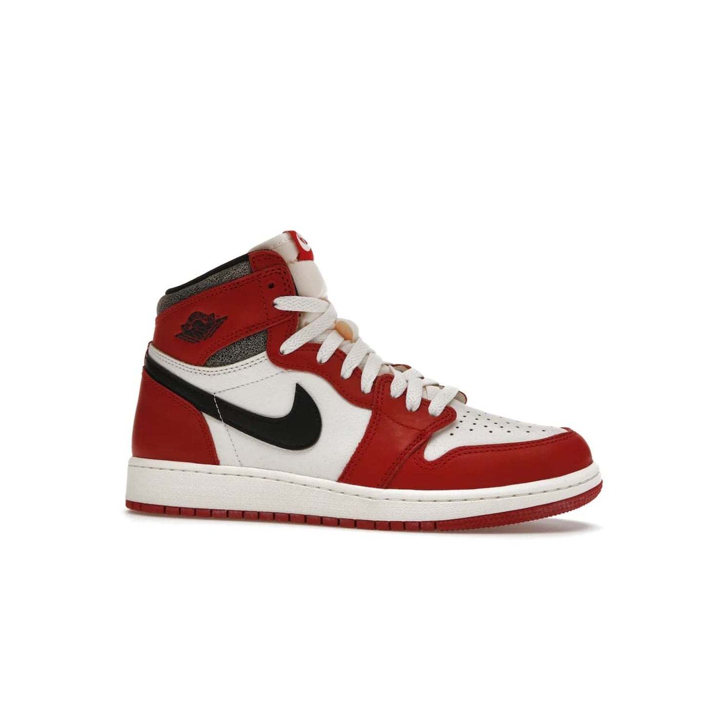 Jordan 1 Retro High OG Chicago Lost and Found (GS) - Image 3 - Only at www.BallersClubKickz.com - Grab the Air Jordan 1 Retro High OG Chicago Reimagined GS, presenting in classic 1985 silhouette. Varsity Red, Black, Muslin and Sail hues, featuring Nike Air branding, Wings on the collars and printed insoles. Don't miss out when it releases 19th Nov 2022.