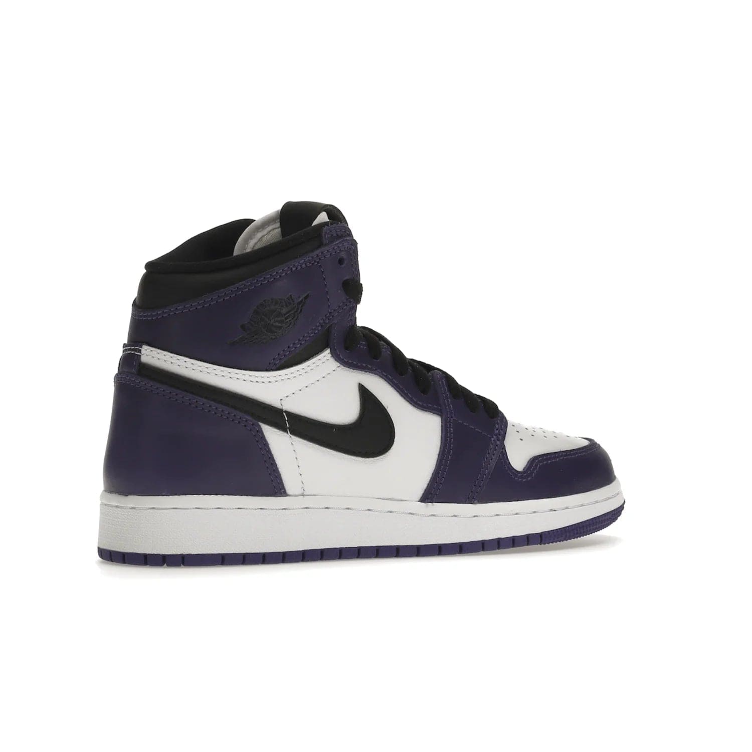 Jordan 1 Retro High Court Purple White (GS) - Image 34 - Only at www.BallersClubKickz.com - The Air Jordan 1 Retro High Court Purple is here and young sneaker heads can show off classic style. Features a white tumbled leather upper, black swoosh, purple overlays, black collar with purple overlay, white tongue, black patch with purple Nike Air logo and swoosh, white midsole, and purple rubber outsole with circular pattern.