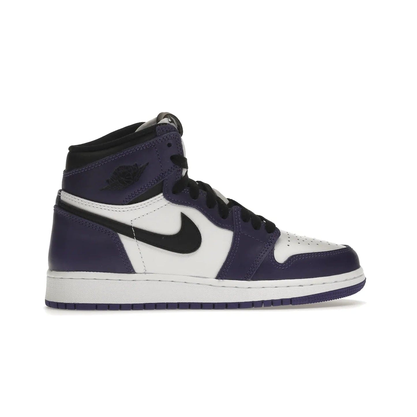 Jordan 1 Retro High Court Purple White (GS) - Image 36 - Only at www.BallersClubKickz.com - The Air Jordan 1 Retro High Court Purple is here and young sneaker heads can show off classic style. Features a white tumbled leather upper, black swoosh, purple overlays, black collar with purple overlay, white tongue, black patch with purple Nike Air logo and swoosh, white midsole, and purple rubber outsole with circular pattern.