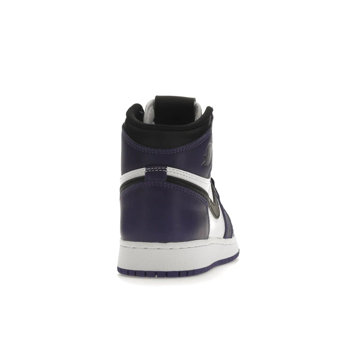 Jordan 1 Retro High Court Purple White (GS) - Image 29 - Only at www.BallersClubKickz.com - The Air Jordan 1 Retro High Court Purple is here and young sneaker heads can show off classic style. Features a white tumbled leather upper, black swoosh, purple overlays, black collar with purple overlay, white tongue, black patch with purple Nike Air logo and swoosh, white midsole, and purple rubber outsole with circular pattern.