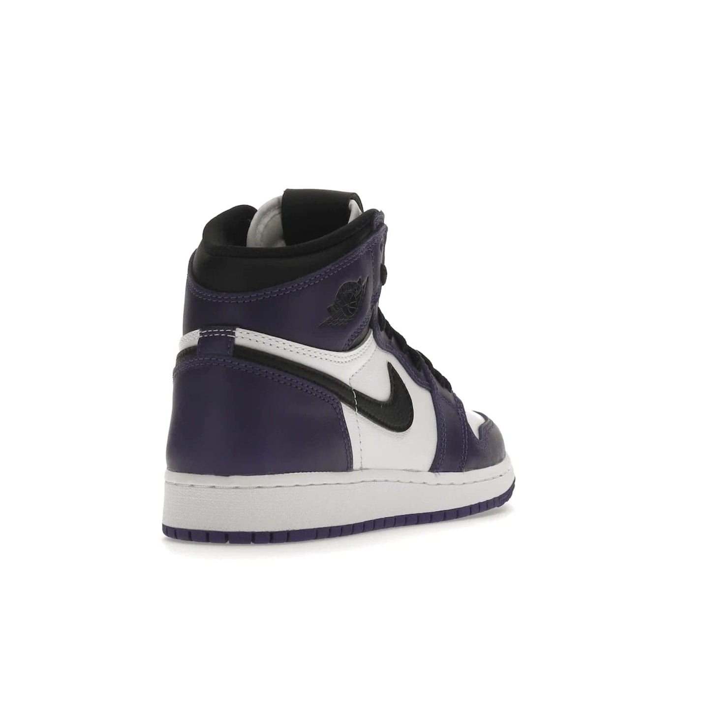 Jordan 1 Retro High Court Purple White (GS) - Image 31 - Only at www.BallersClubKickz.com - The Air Jordan 1 Retro High Court Purple is here and young sneaker heads can show off classic style. Features a white tumbled leather upper, black swoosh, purple overlays, black collar with purple overlay, white tongue, black patch with purple Nike Air logo and swoosh, white midsole, and purple rubber outsole with circular pattern.