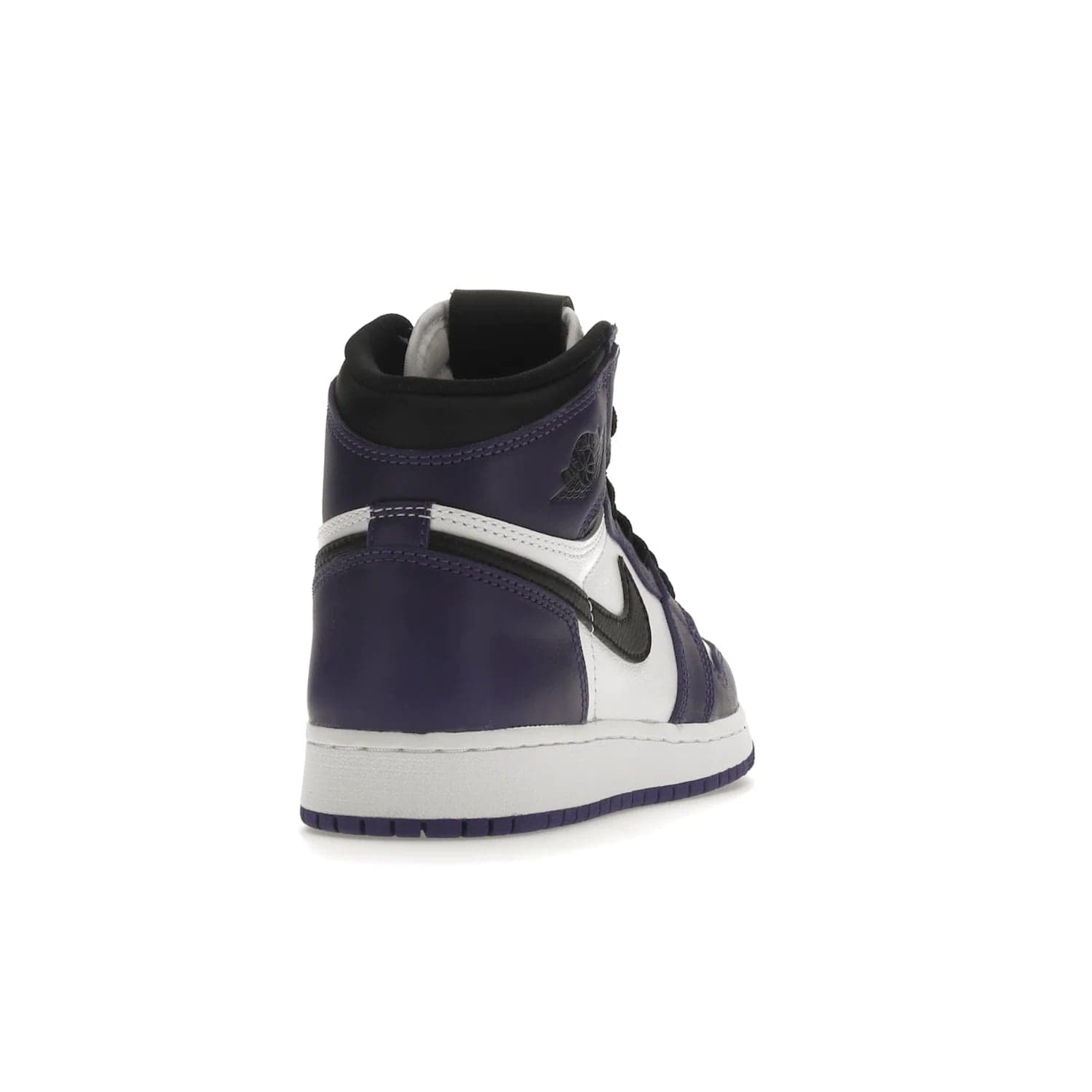 Jordan 1 Retro High Court Purple White (GS) - Image 30 - Only at www.BallersClubKickz.com - The Air Jordan 1 Retro High Court Purple is here and young sneaker heads can show off classic style. Features a white tumbled leather upper, black swoosh, purple overlays, black collar with purple overlay, white tongue, black patch with purple Nike Air logo and swoosh, white midsole, and purple rubber outsole with circular pattern.
