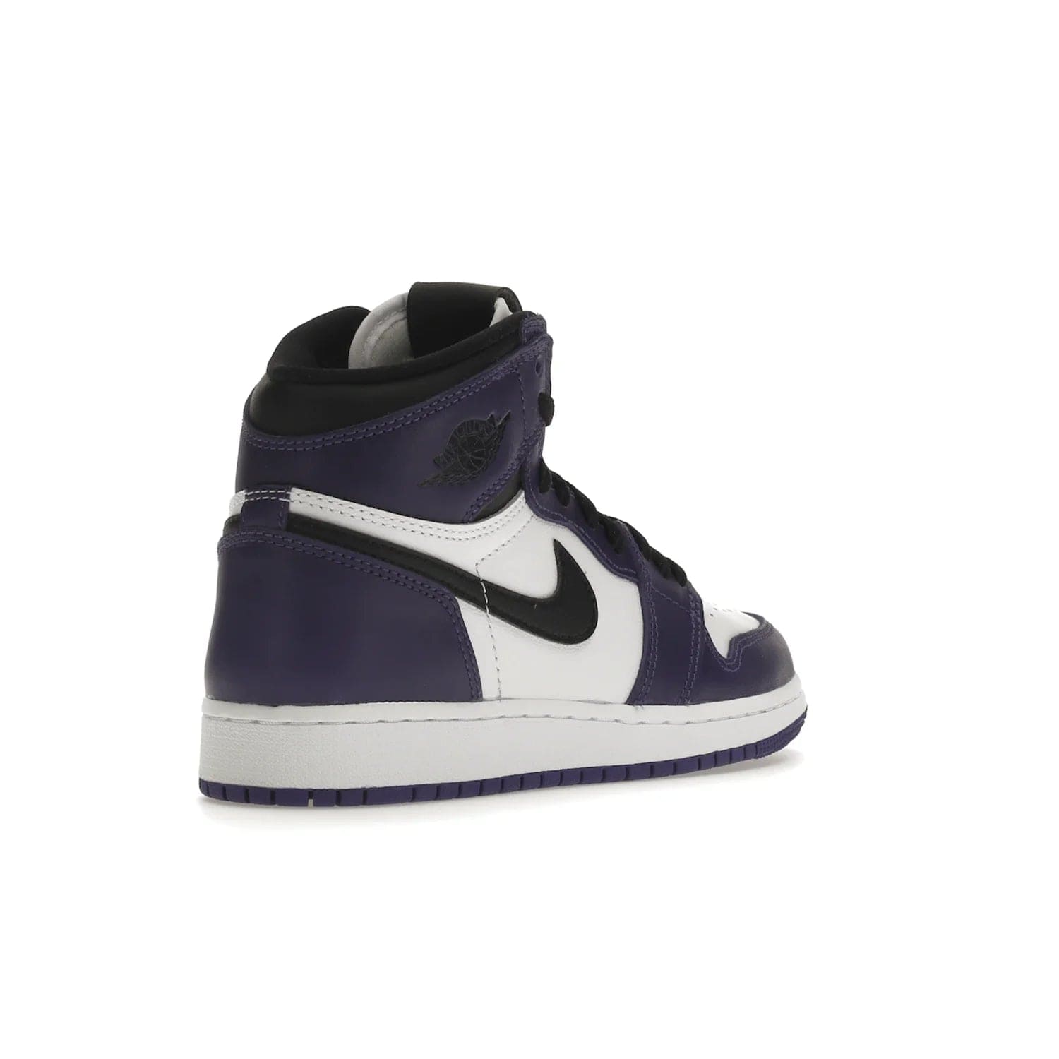 Jordan 1 Retro High Court Purple White (GS) - Image 32 - Only at www.BallersClubKickz.com - The Air Jordan 1 Retro High Court Purple is here and young sneaker heads can show off classic style. Features a white tumbled leather upper, black swoosh, purple overlays, black collar with purple overlay, white tongue, black patch with purple Nike Air logo and swoosh, white midsole, and purple rubber outsole with circular pattern.