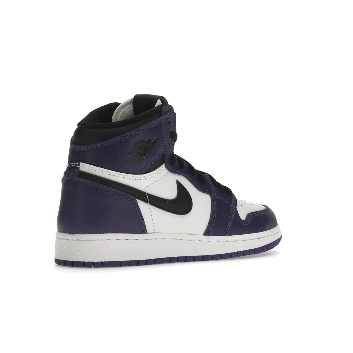 Jordan 1 Retro High Court Purple White (GS) - Image 33 - Only at www.BallersClubKickz.com - The Air Jordan 1 Retro High Court Purple is here and young sneaker heads can show off classic style. Features a white tumbled leather upper, black swoosh, purple overlays, black collar with purple overlay, white tongue, black patch with purple Nike Air logo and swoosh, white midsole, and purple rubber outsole with circular pattern.