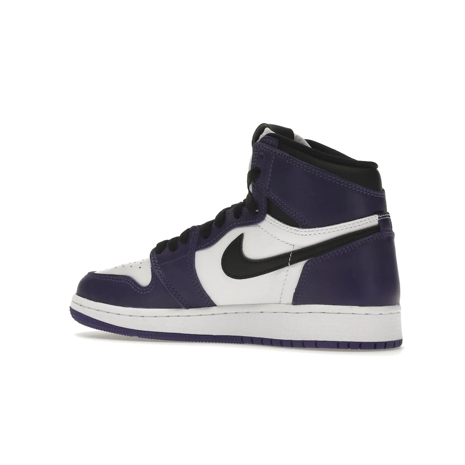 Jordan 1 Retro High Court Purple White (GS) - Image 22 - Only at www.BallersClubKickz.com - The Air Jordan 1 Retro High Court Purple is here and young sneaker heads can show off classic style. Features a white tumbled leather upper, black swoosh, purple overlays, black collar with purple overlay, white tongue, black patch with purple Nike Air logo and swoosh, white midsole, and purple rubber outsole with circular pattern.