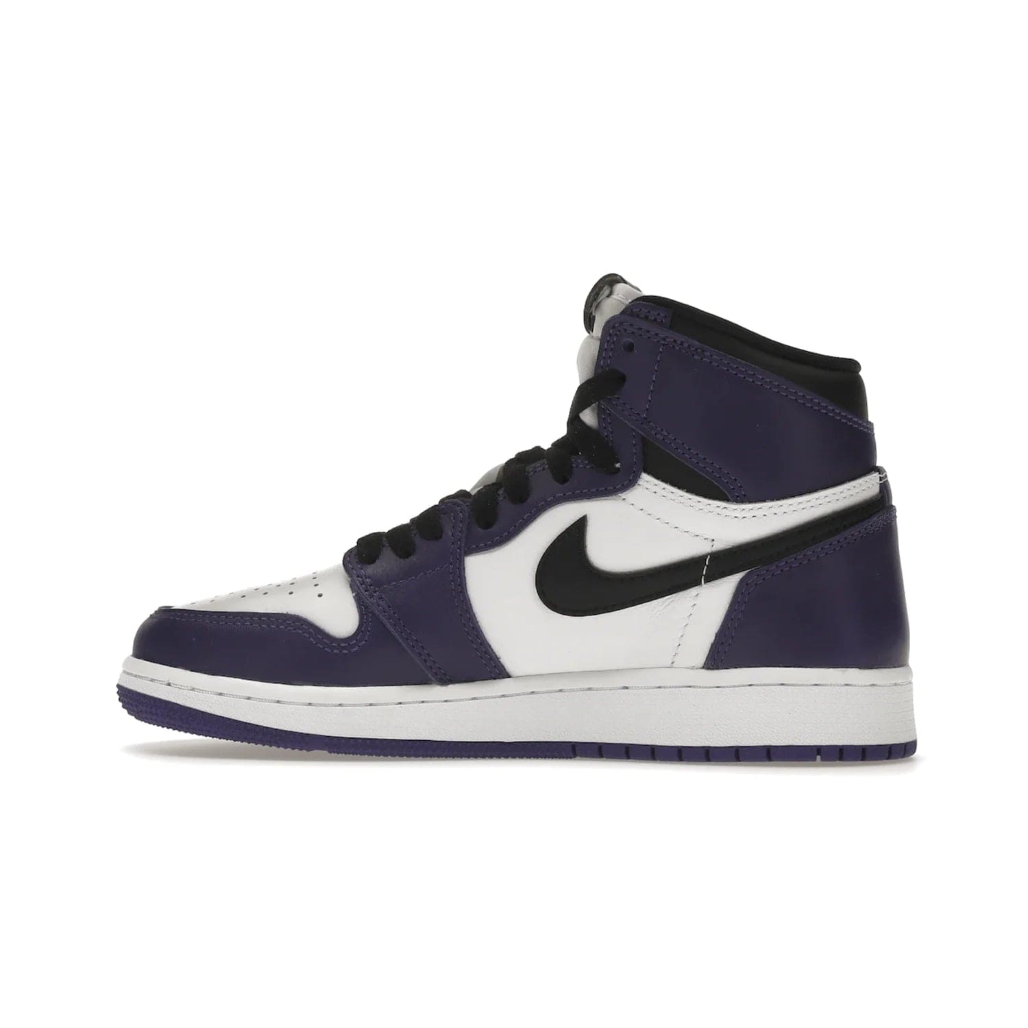 Jordan 1 Retro High Court Purple White (GS) - Image 20 - Only at www.BallersClubKickz.com - The Air Jordan 1 Retro High Court Purple is here and young sneaker heads can show off classic style. Features a white tumbled leather upper, black swoosh, purple overlays, black collar with purple overlay, white tongue, black patch with purple Nike Air logo and swoosh, white midsole, and purple rubber outsole with circular pattern.