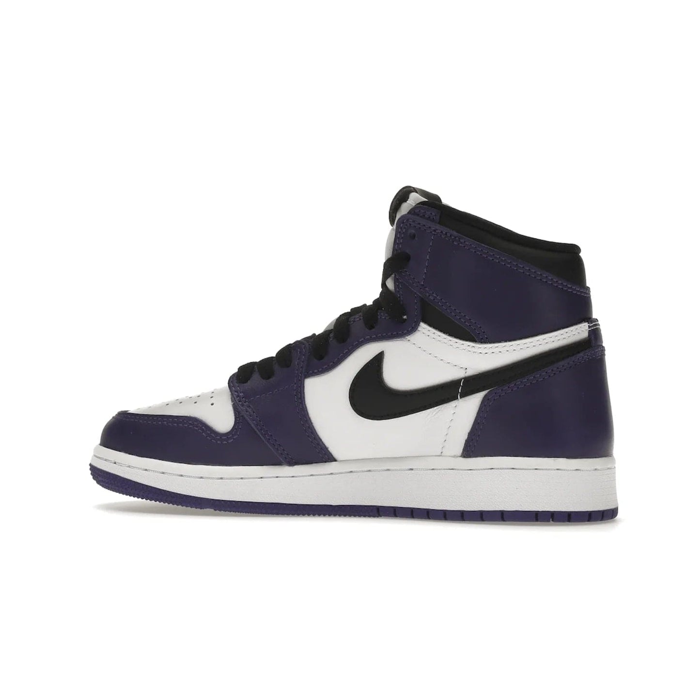 Jordan 1 Retro High Court Purple White (GS) - Image 21 - Only at www.BallersClubKickz.com - The Air Jordan 1 Retro High Court Purple is here and young sneaker heads can show off classic style. Features a white tumbled leather upper, black swoosh, purple overlays, black collar with purple overlay, white tongue, black patch with purple Nike Air logo and swoosh, white midsole, and purple rubber outsole with circular pattern.