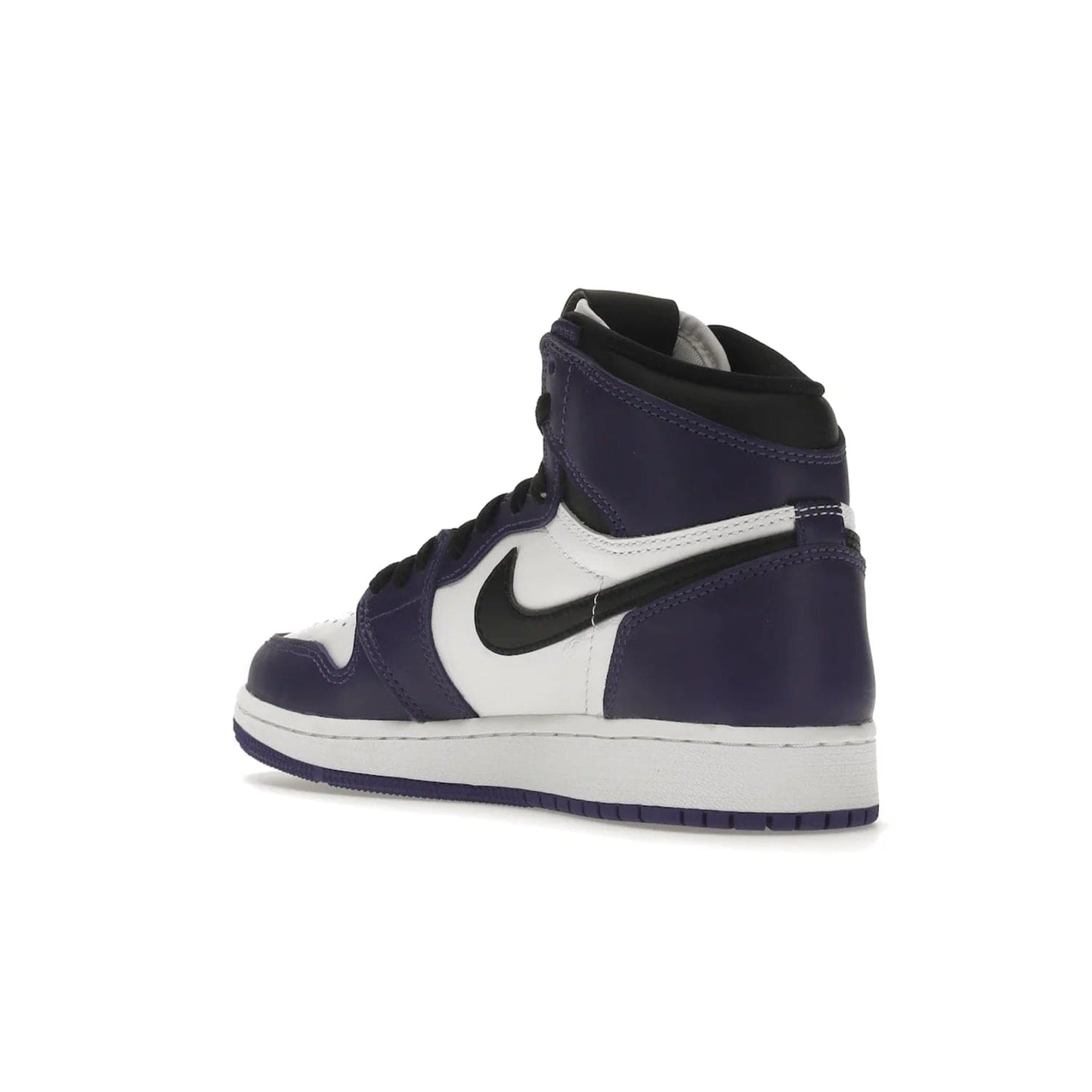 Jordan 1 Retro High Court Purple White (GS) - Image 24 - Only at www.BallersClubKickz.com - The Air Jordan 1 Retro High Court Purple is here and young sneaker heads can show off classic style. Features a white tumbled leather upper, black swoosh, purple overlays, black collar with purple overlay, white tongue, black patch with purple Nike Air logo and swoosh, white midsole, and purple rubber outsole with circular pattern.