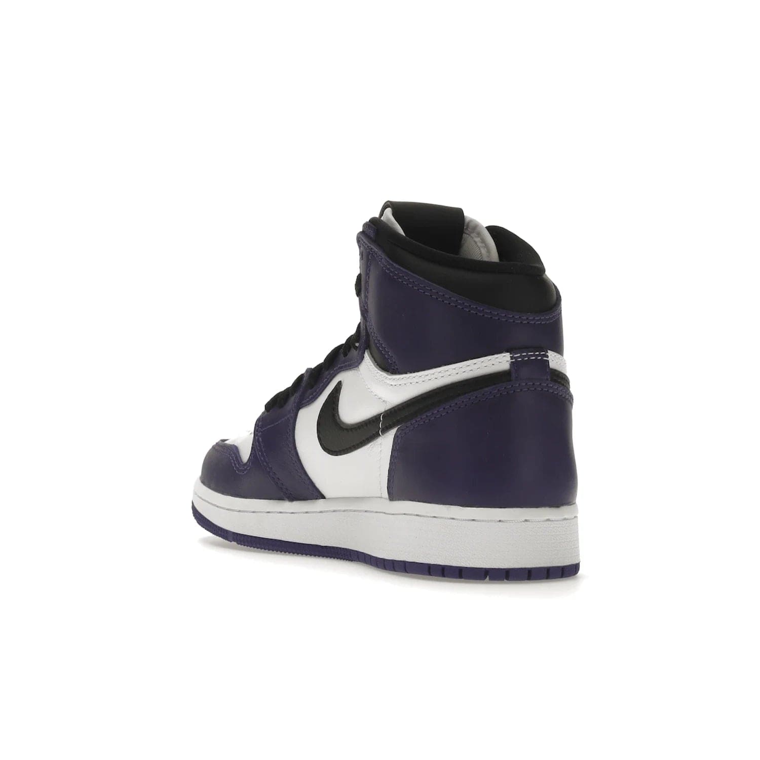 Jordan 1 Retro High Court Purple White (GS) - Image 25 - Only at www.BallersClubKickz.com - The Air Jordan 1 Retro High Court Purple is here and young sneaker heads can show off classic style. Features a white tumbled leather upper, black swoosh, purple overlays, black collar with purple overlay, white tongue, black patch with purple Nike Air logo and swoosh, white midsole, and purple rubber outsole with circular pattern.