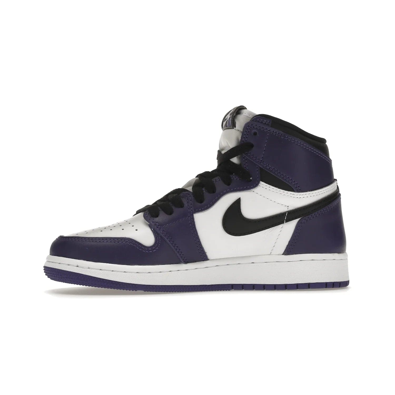 Jordan 1 Retro High Court Purple White (GS) - Image 18 - Only at www.BallersClubKickz.com - The Air Jordan 1 Retro High Court Purple is here and young sneaker heads can show off classic style. Features a white tumbled leather upper, black swoosh, purple overlays, black collar with purple overlay, white tongue, black patch with purple Nike Air logo and swoosh, white midsole, and purple rubber outsole with circular pattern.