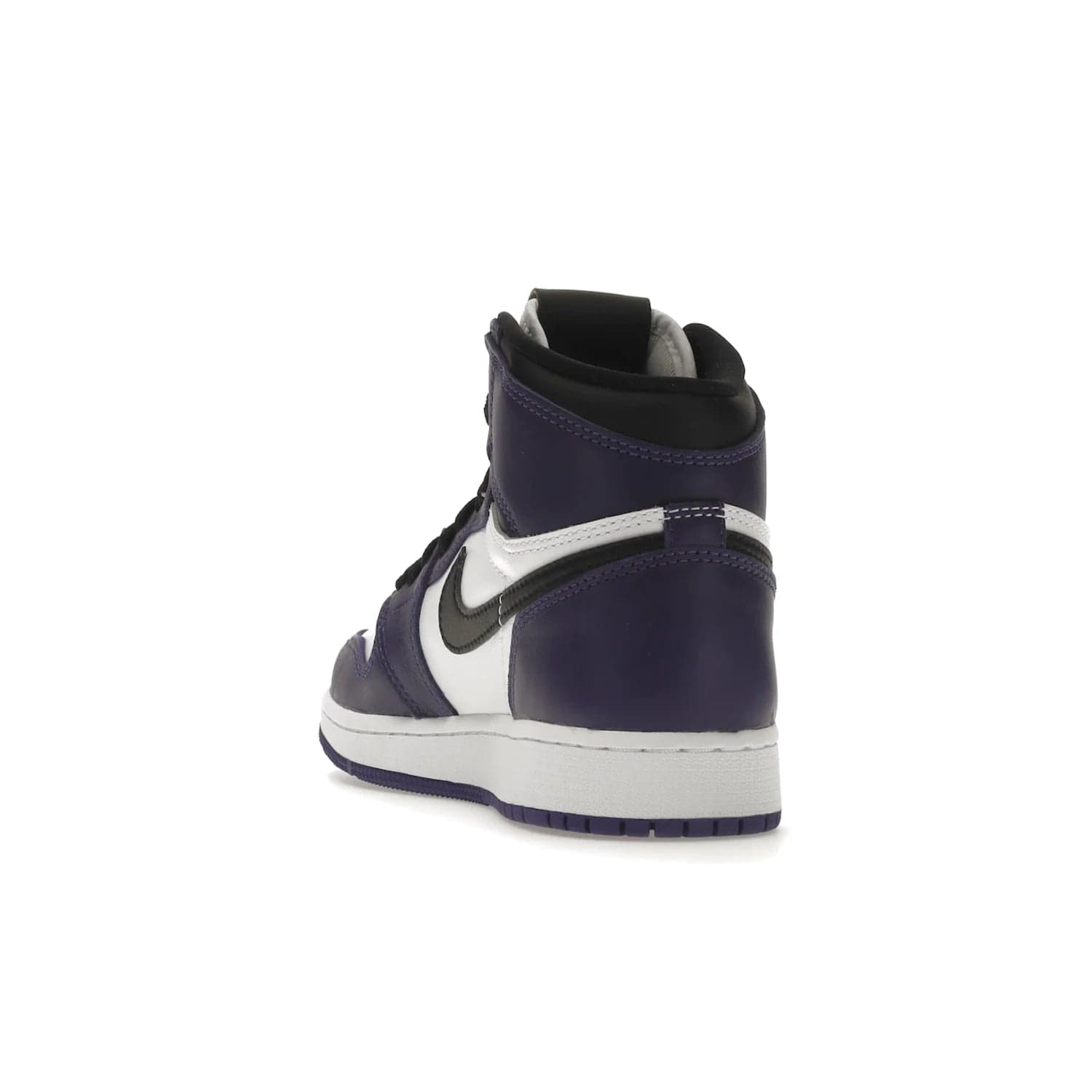 Jordan 1 Retro High Court Purple White (GS) - Image 26 - Only at www.BallersClubKickz.com - The Air Jordan 1 Retro High Court Purple is here and young sneaker heads can show off classic style. Features a white tumbled leather upper, black swoosh, purple overlays, black collar with purple overlay, white tongue, black patch with purple Nike Air logo and swoosh, white midsole, and purple rubber outsole with circular pattern.