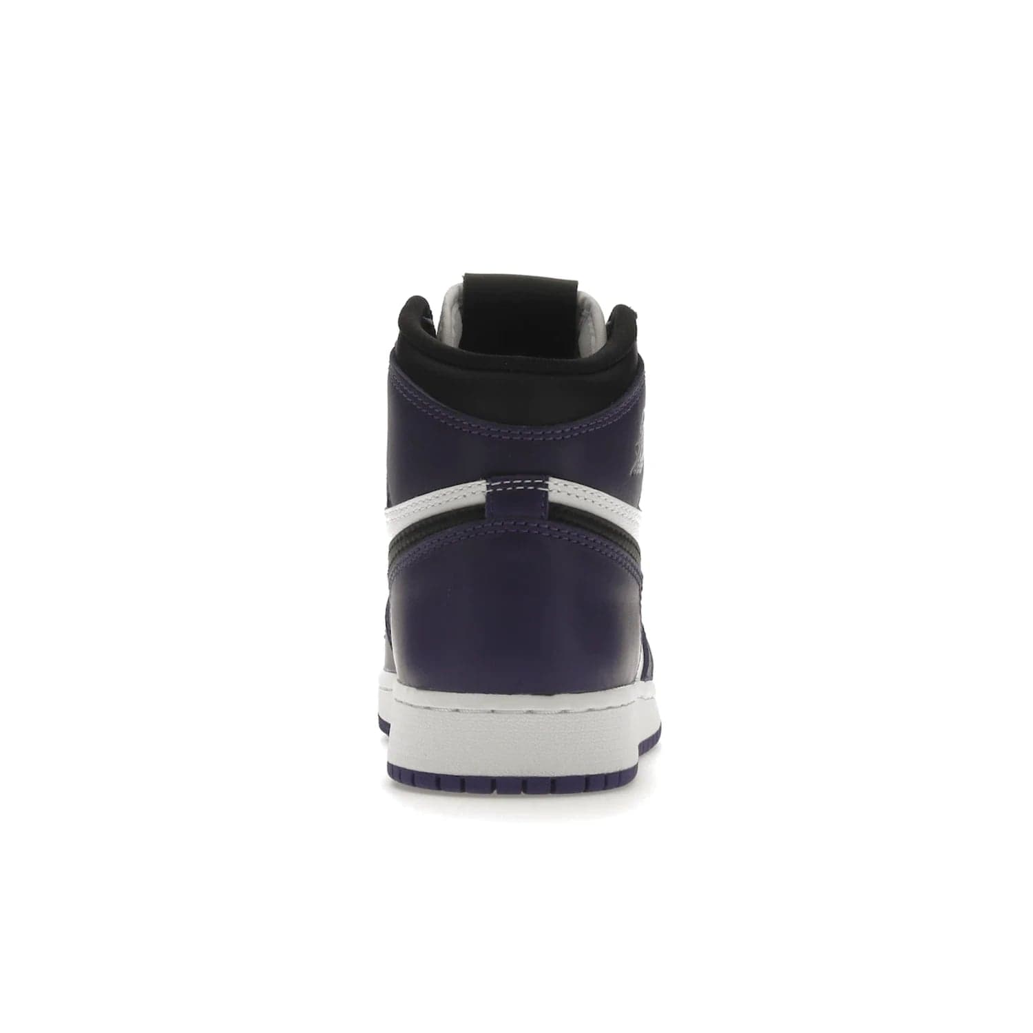Jordan 1 Retro High Court Purple White (GS) - Image 28 - Only at www.BallersClubKickz.com - The Air Jordan 1 Retro High Court Purple is here and young sneaker heads can show off classic style. Features a white tumbled leather upper, black swoosh, purple overlays, black collar with purple overlay, white tongue, black patch with purple Nike Air logo and swoosh, white midsole, and purple rubber outsole with circular pattern.