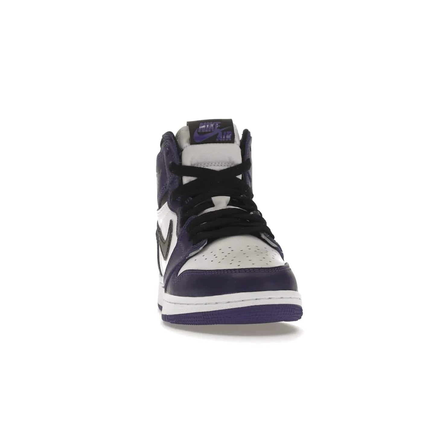 Jordan 1 Retro High Court Purple White (GS) - Image 9 - Only at www.BallersClubKickz.com - The Air Jordan 1 Retro High Court Purple is here and young sneaker heads can show off classic style. Features a white tumbled leather upper, black swoosh, purple overlays, black collar with purple overlay, white tongue, black patch with purple Nike Air logo and swoosh, white midsole, and purple rubber outsole with circular pattern.