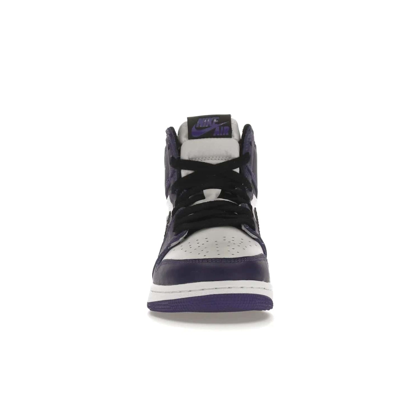 Jordan 1 Retro High Court Purple White (GS) - Image 10 - Only at www.BallersClubKickz.com - The Air Jordan 1 Retro High Court Purple is here and young sneaker heads can show off classic style. Features a white tumbled leather upper, black swoosh, purple overlays, black collar with purple overlay, white tongue, black patch with purple Nike Air logo and swoosh, white midsole, and purple rubber outsole with circular pattern.