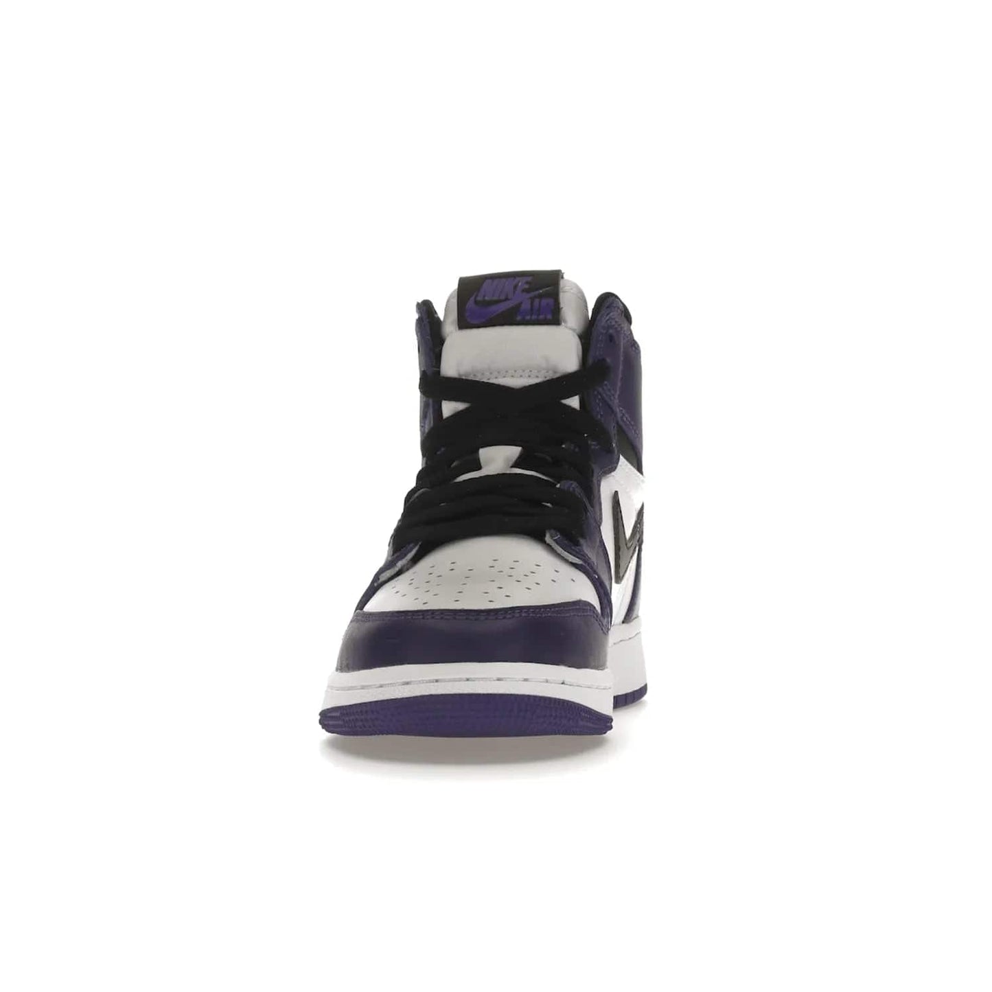 Jordan 1 Retro High Court Purple White (GS) - Image 11 - Only at www.BallersClubKickz.com - The Air Jordan 1 Retro High Court Purple is here and young sneaker heads can show off classic style. Features a white tumbled leather upper, black swoosh, purple overlays, black collar with purple overlay, white tongue, black patch with purple Nike Air logo and swoosh, white midsole, and purple rubber outsole with circular pattern.