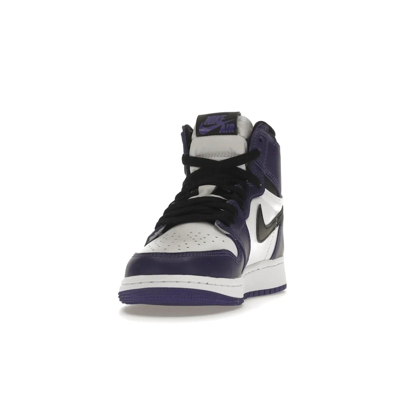 Jordan 1 Retro High Court Purple White (GS) - Image 12 - Only at www.BallersClubKickz.com - The Air Jordan 1 Retro High Court Purple is here and young sneaker heads can show off classic style. Features a white tumbled leather upper, black swoosh, purple overlays, black collar with purple overlay, white tongue, black patch with purple Nike Air logo and swoosh, white midsole, and purple rubber outsole with circular pattern.