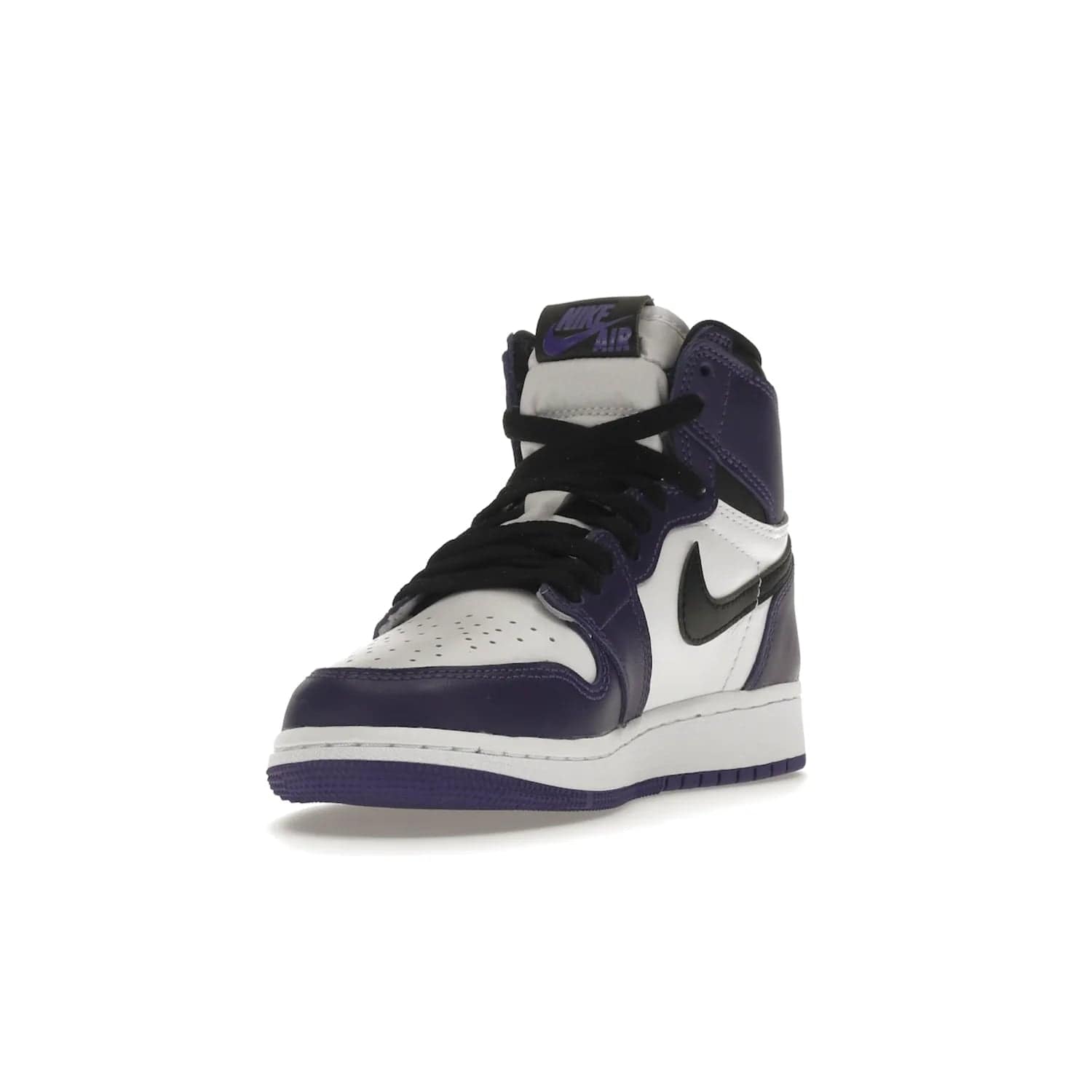 Jordan 1 Retro High Court Purple White (GS) - Image 13 - Only at www.BallersClubKickz.com - The Air Jordan 1 Retro High Court Purple is here and young sneaker heads can show off classic style. Features a white tumbled leather upper, black swoosh, purple overlays, black collar with purple overlay, white tongue, black patch with purple Nike Air logo and swoosh, white midsole, and purple rubber outsole with circular pattern.